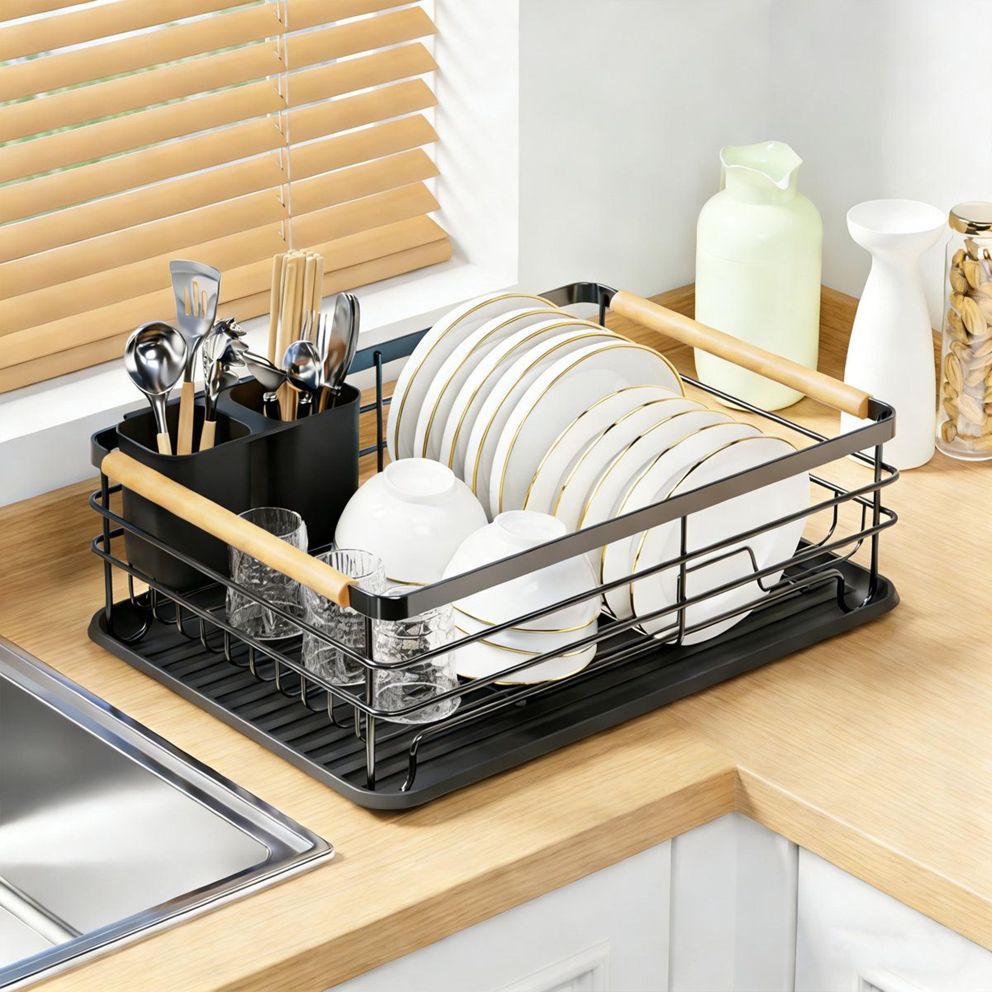compact stainless steel dish drying rack with removable drainboard and wood handles