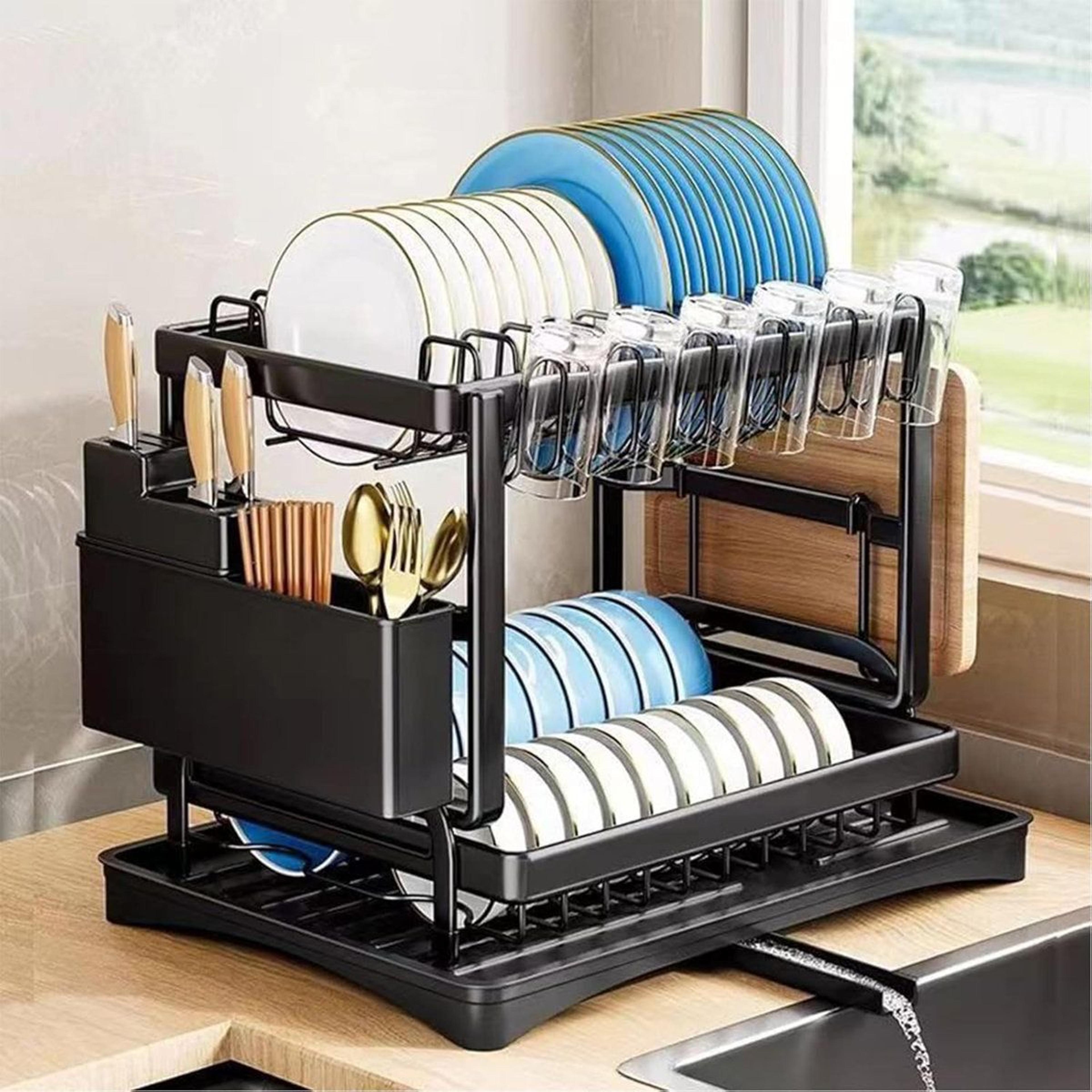 space-saving 2 tier dish drying rack with adjustable drain spout