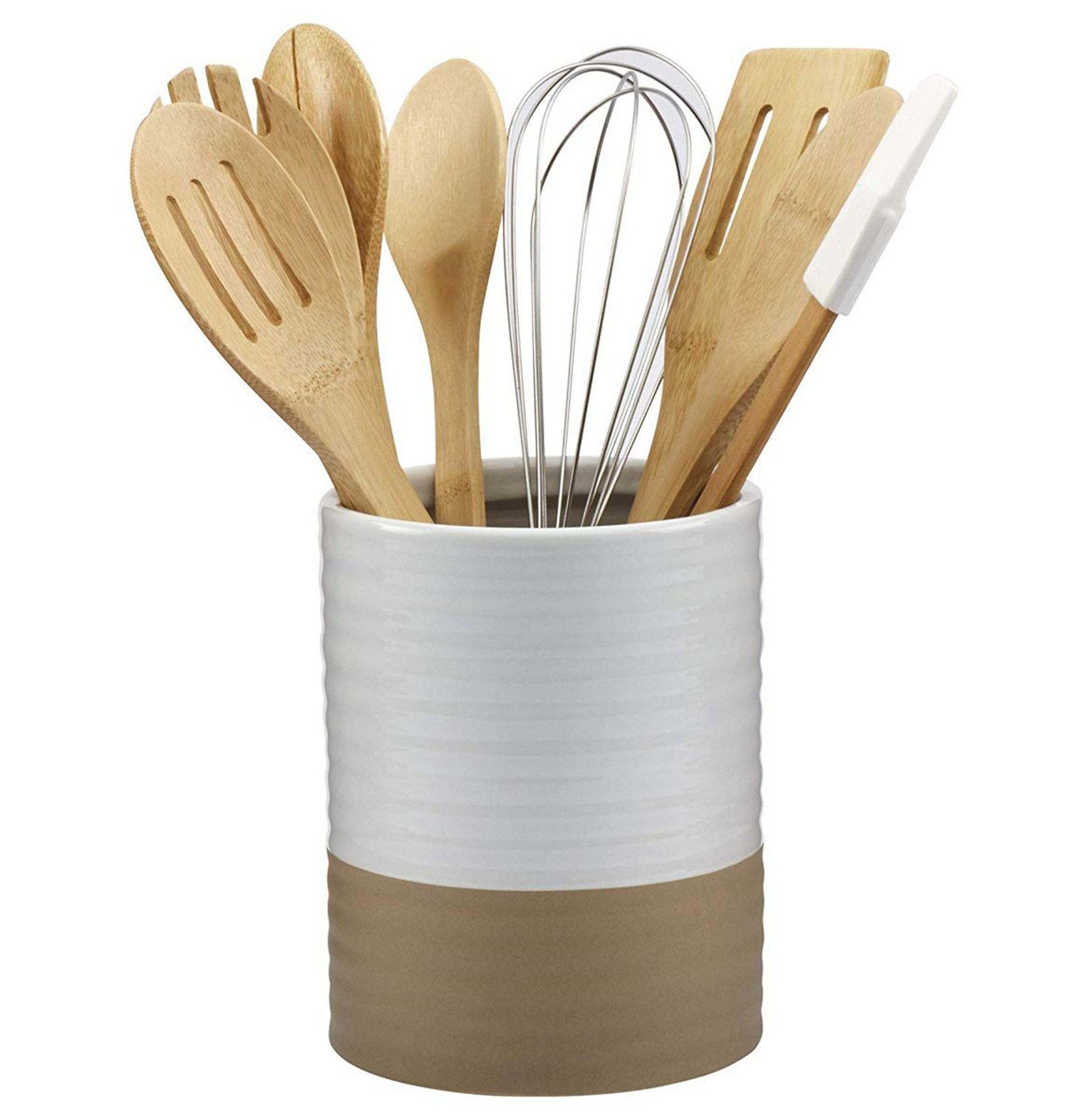 8-piece kitchen utensil set with white ceramic crock