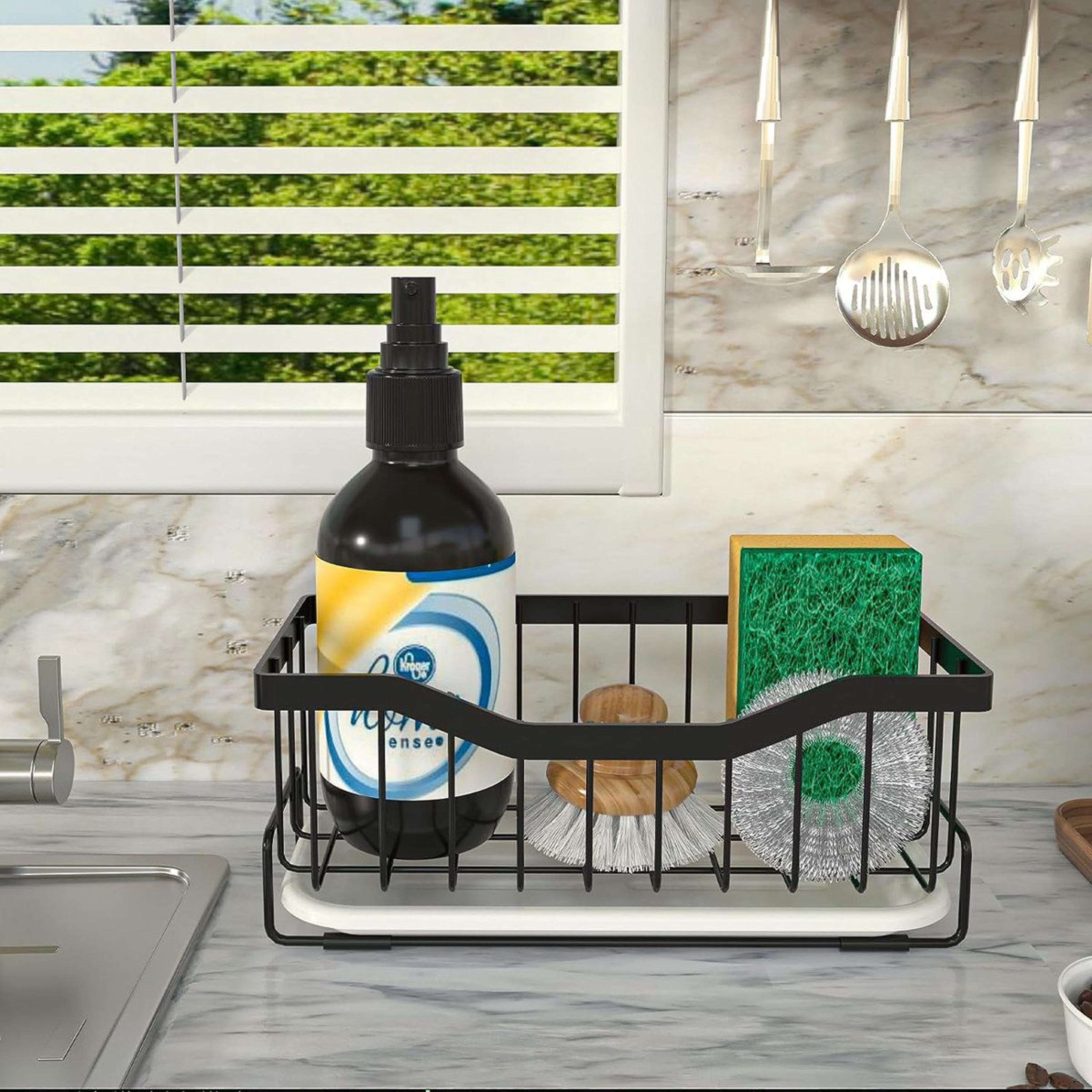 rustproof stainless steel sink caddy with removable drip tray