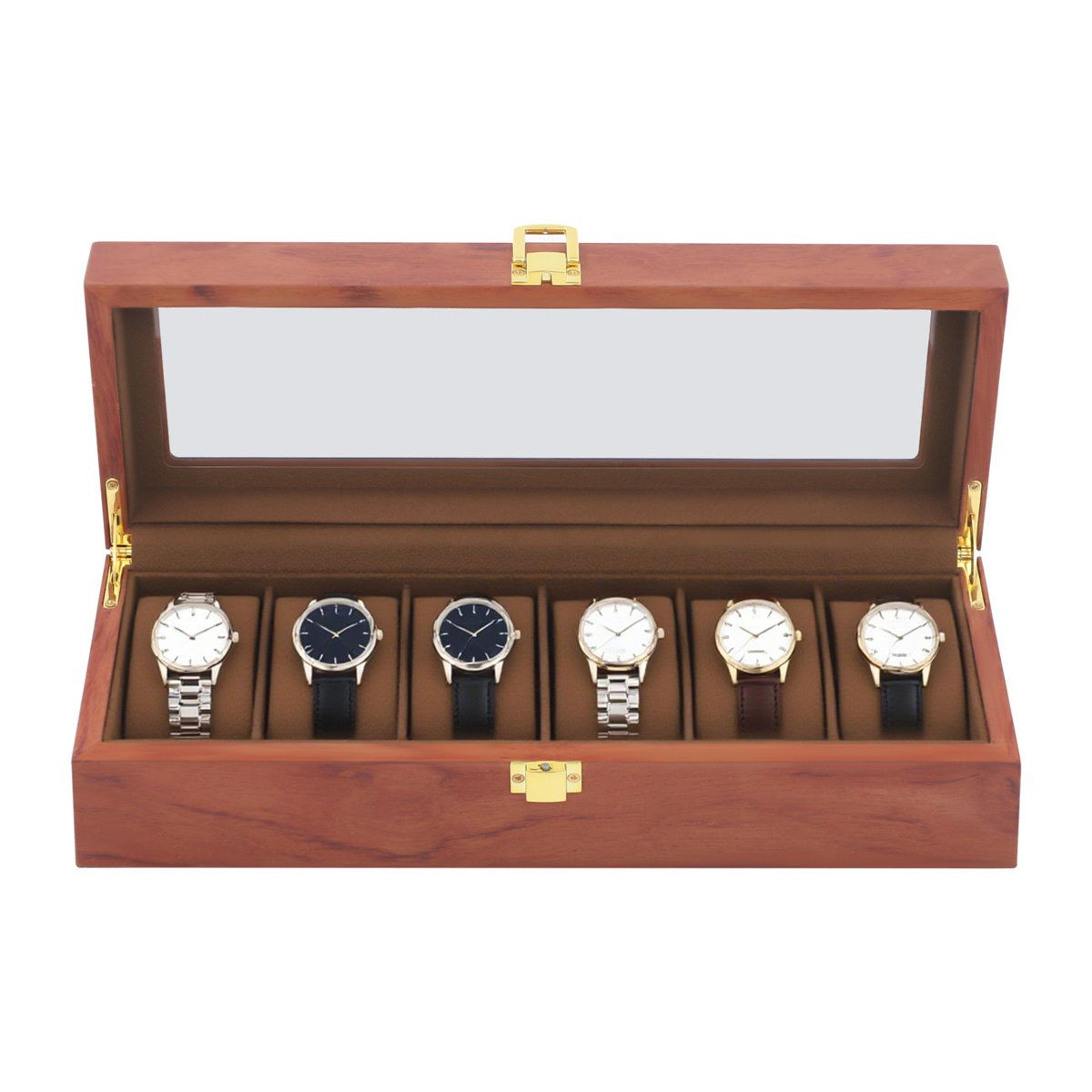 vintage 6 slot wooden watch box with glass lid and lock