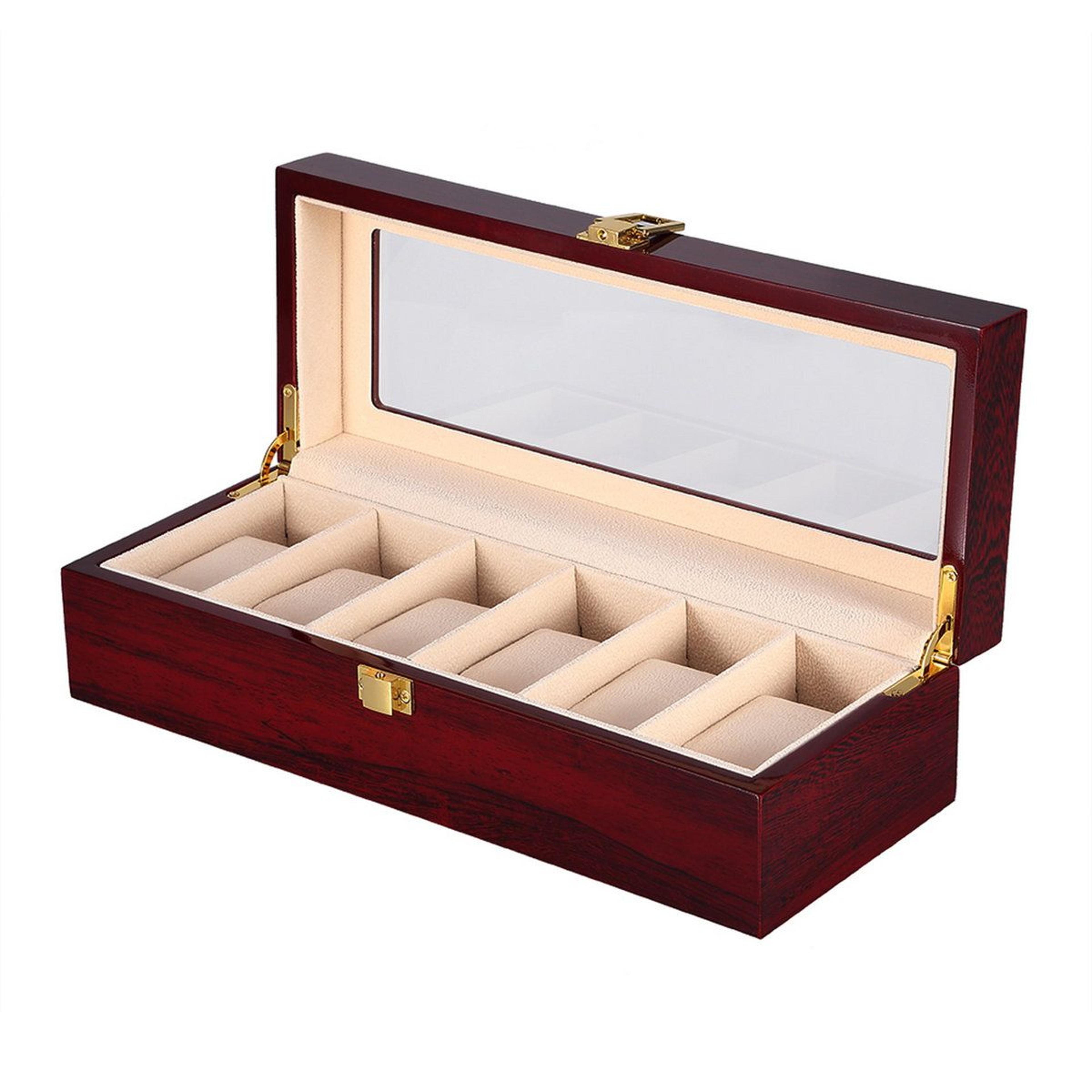 6-slot watch box with lock and glass display lid