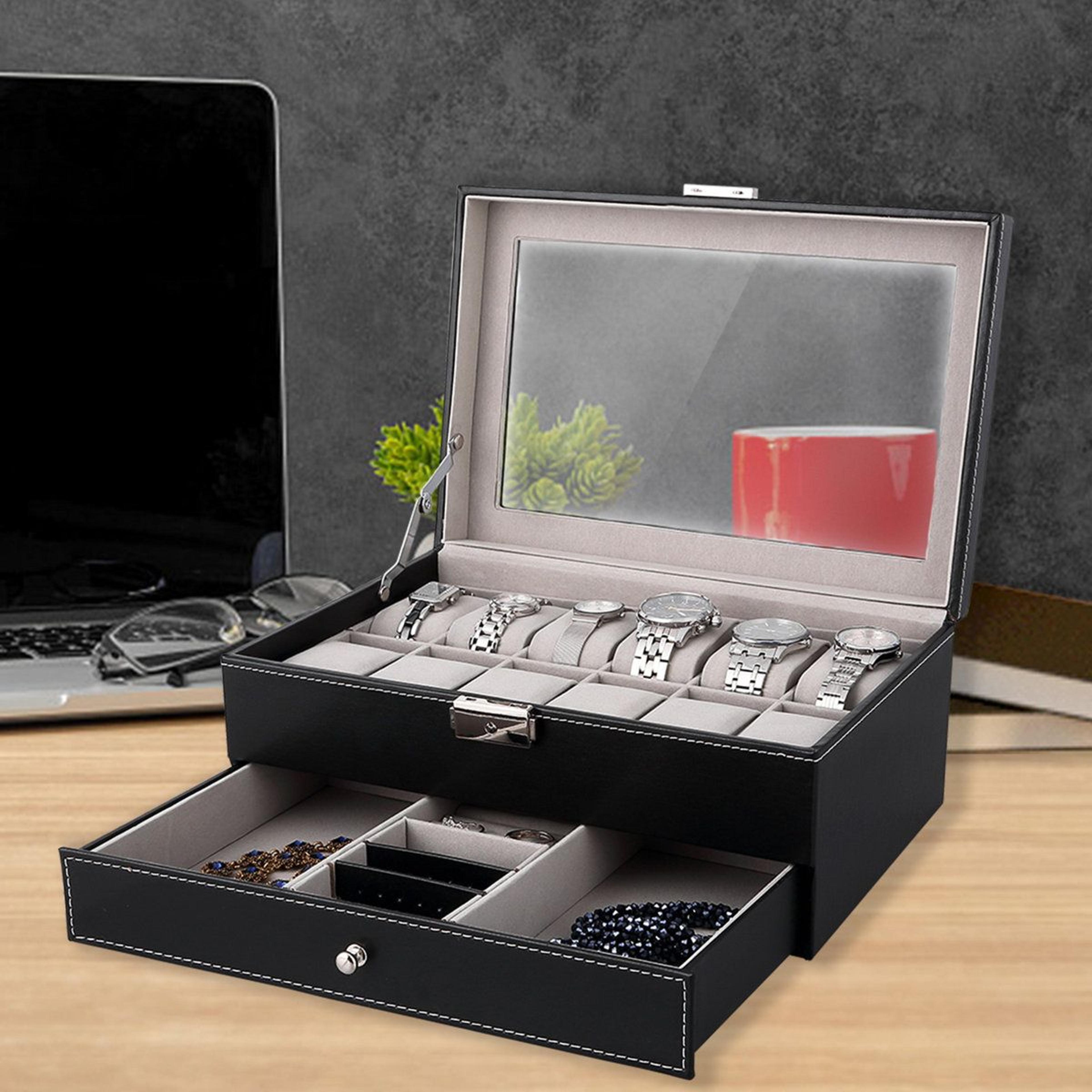 12 slot watch box with glass lid and jewelry drawer