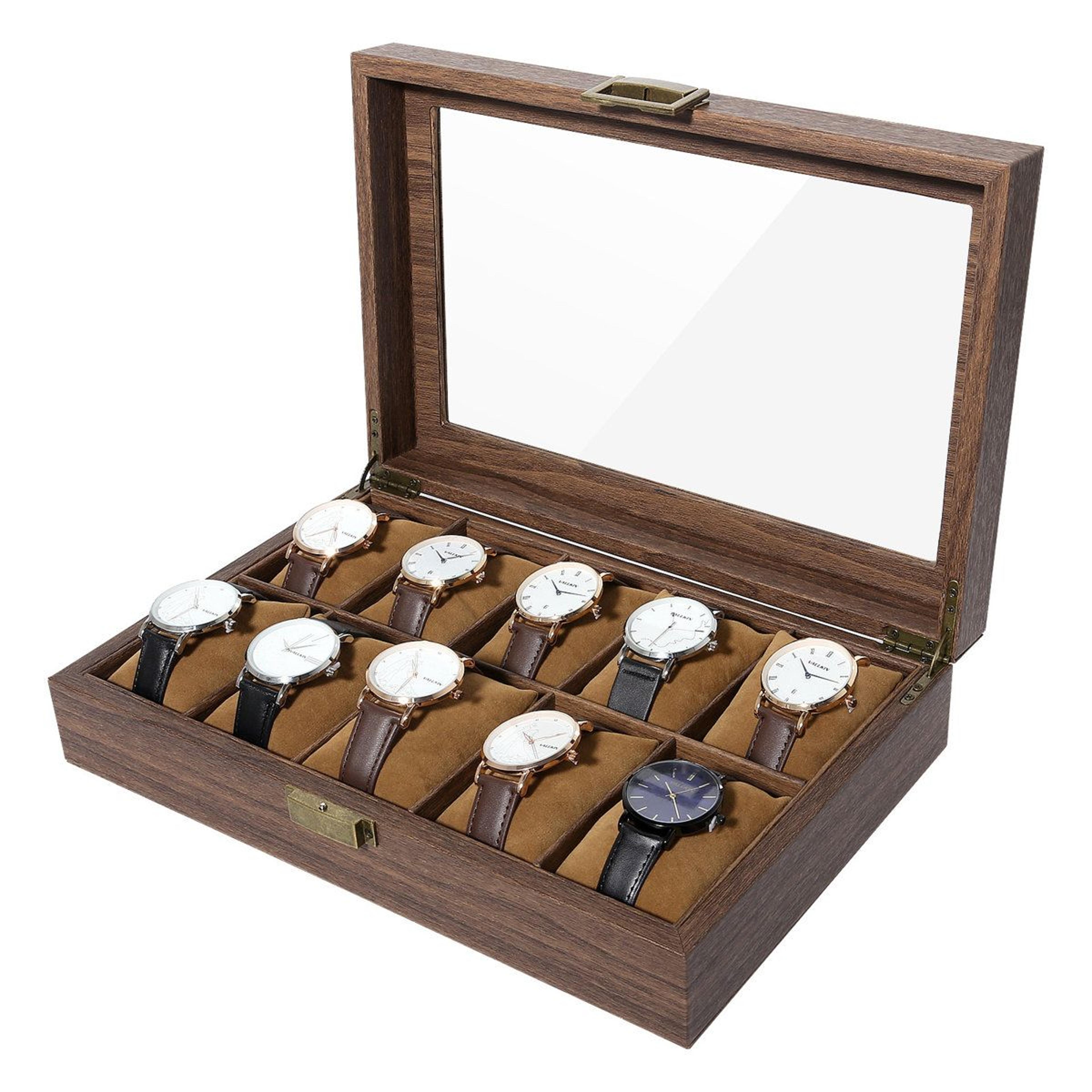 10-slot wood grain watch box organizer and glass top watch display case