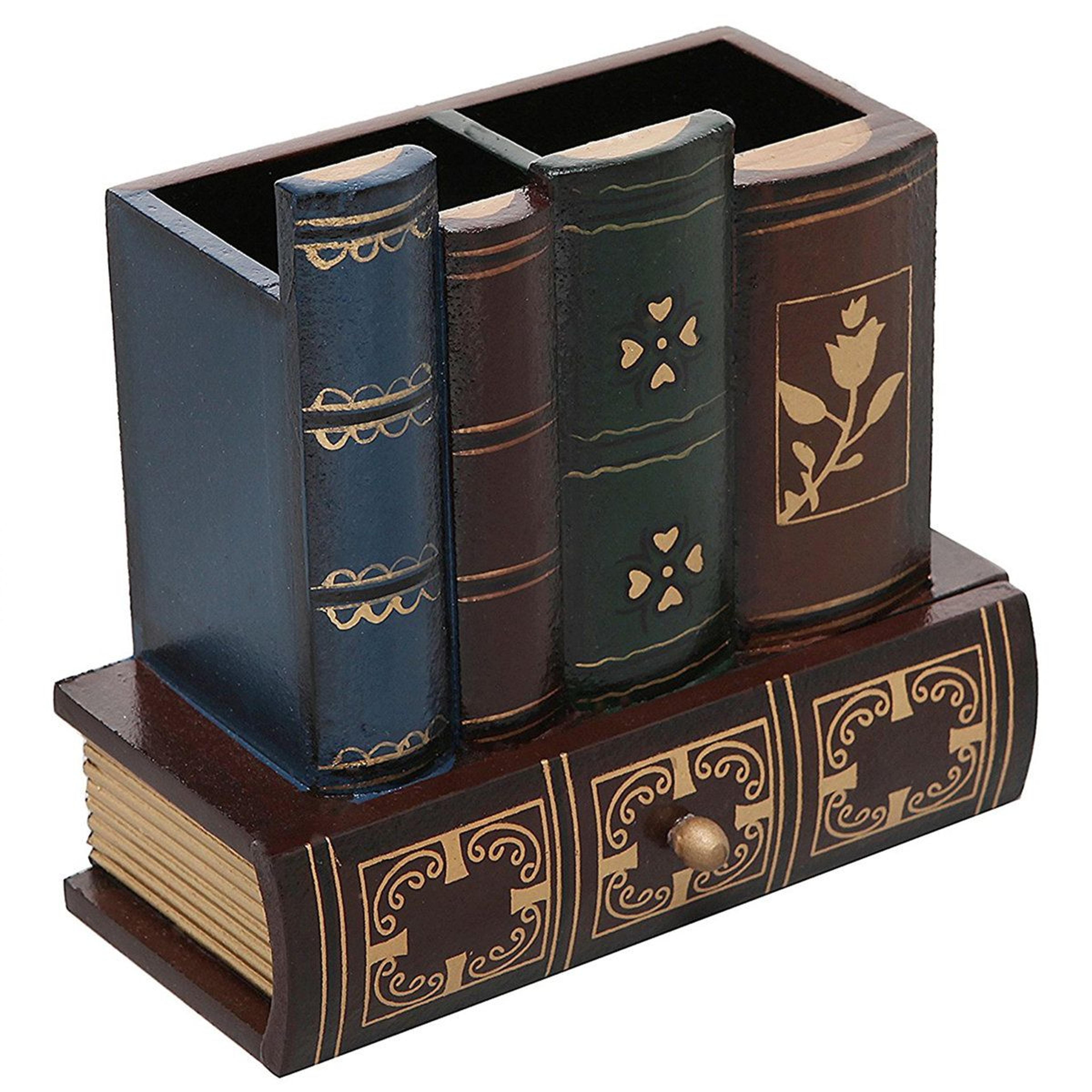 vintage book style wooden desk organizer with pen holder and drawer