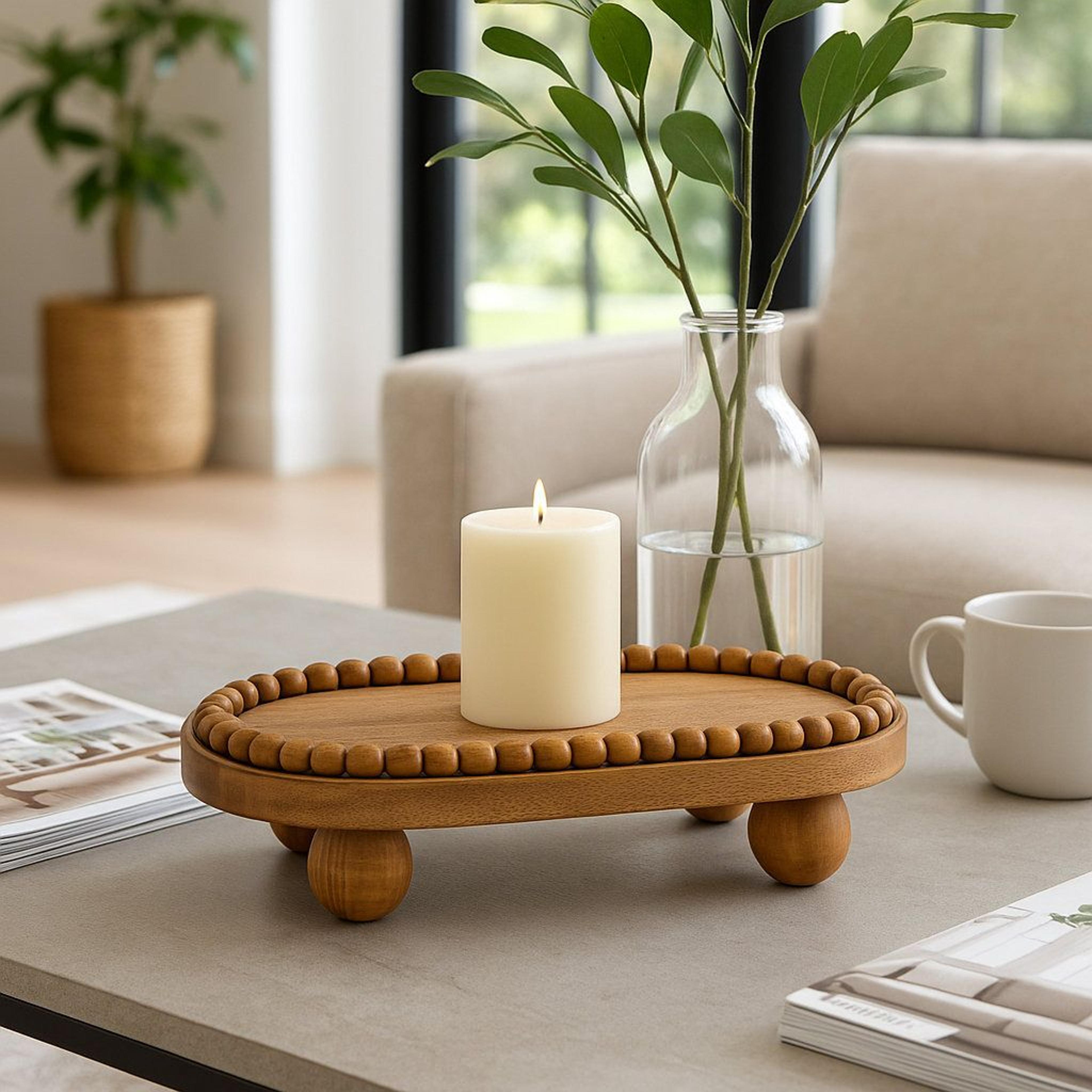 beaded mango wood tray for coffee table and vanity decor