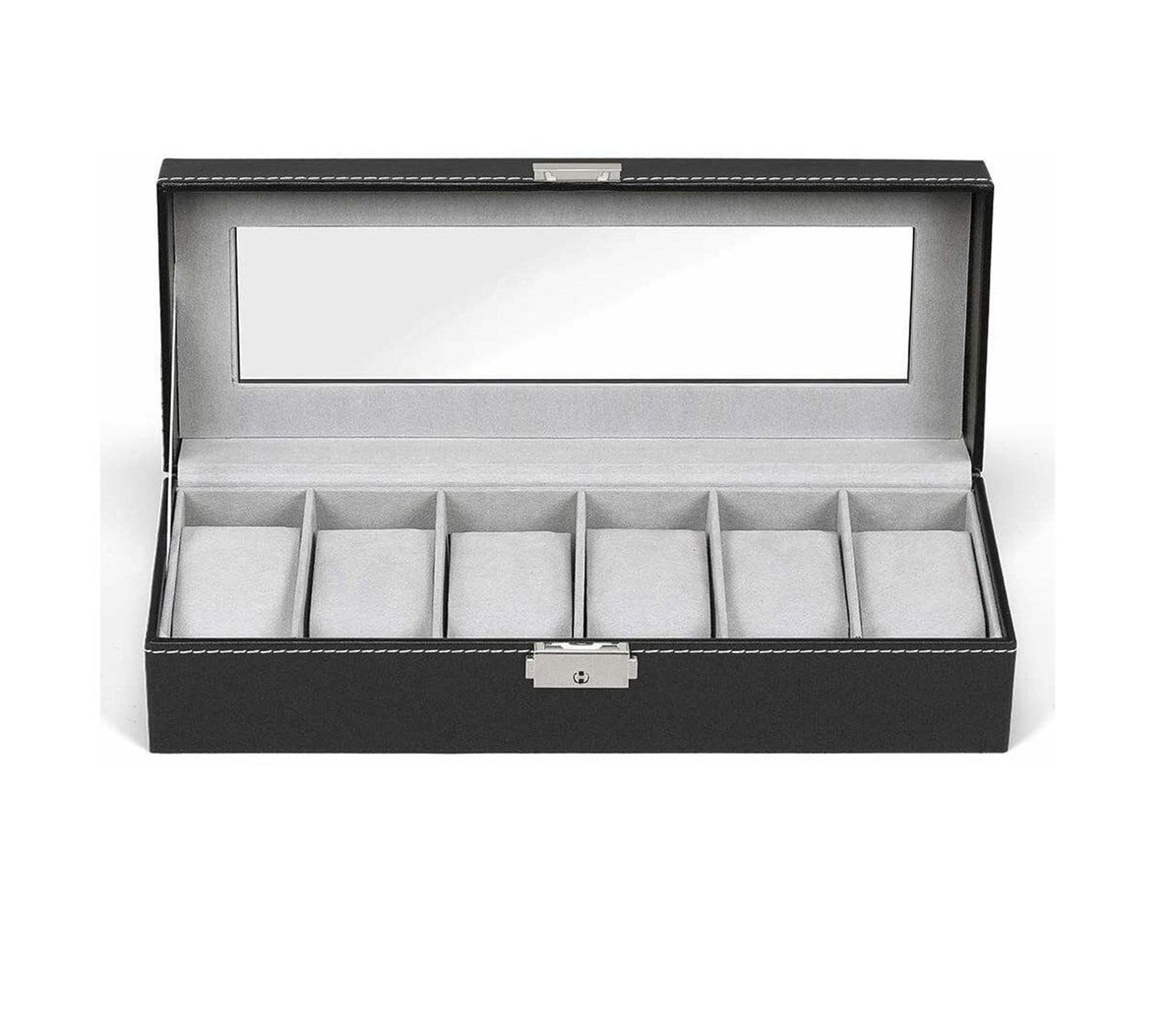 6 slot leather watch organizer with clear display lid and lock