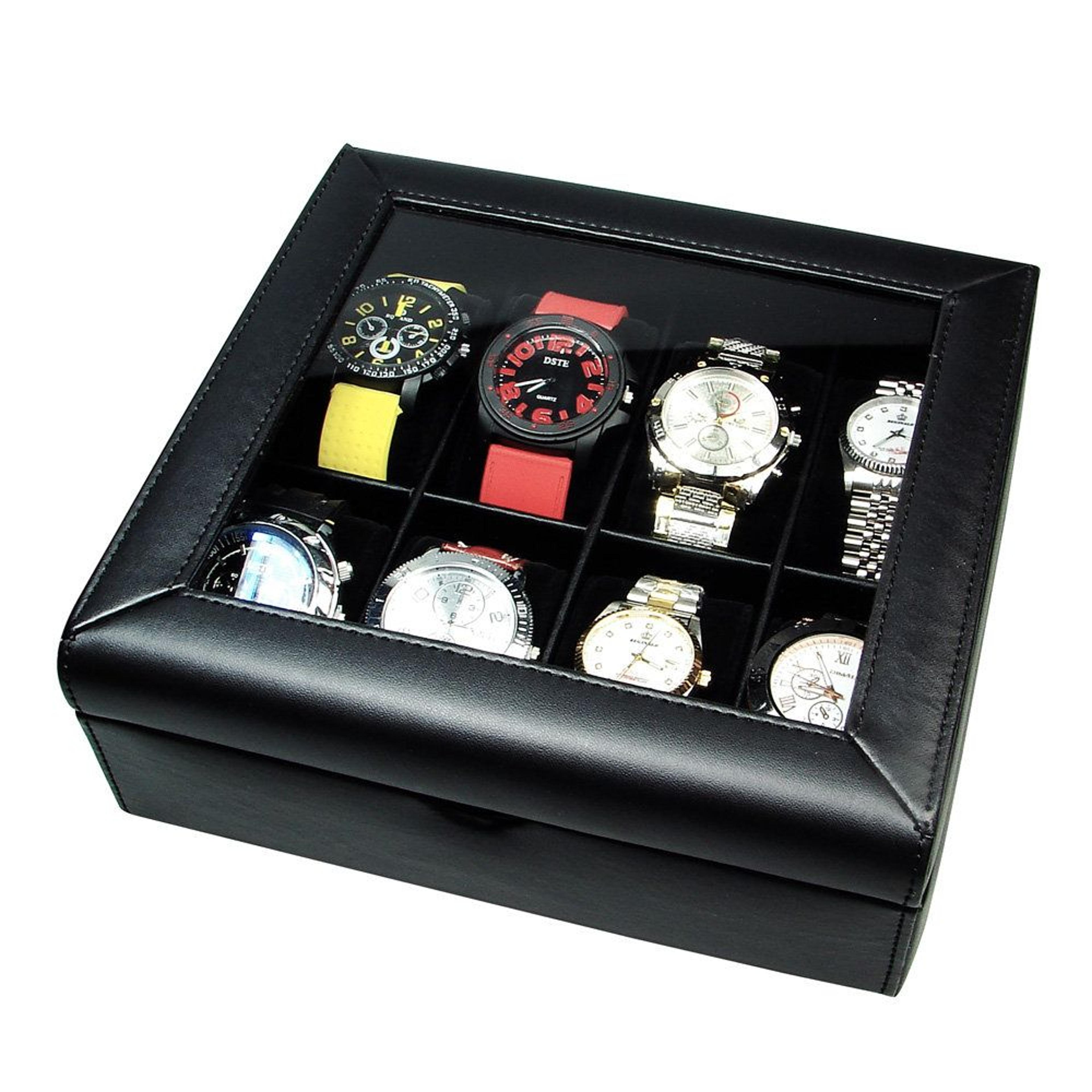 8 slot leather watch box with glass display lid