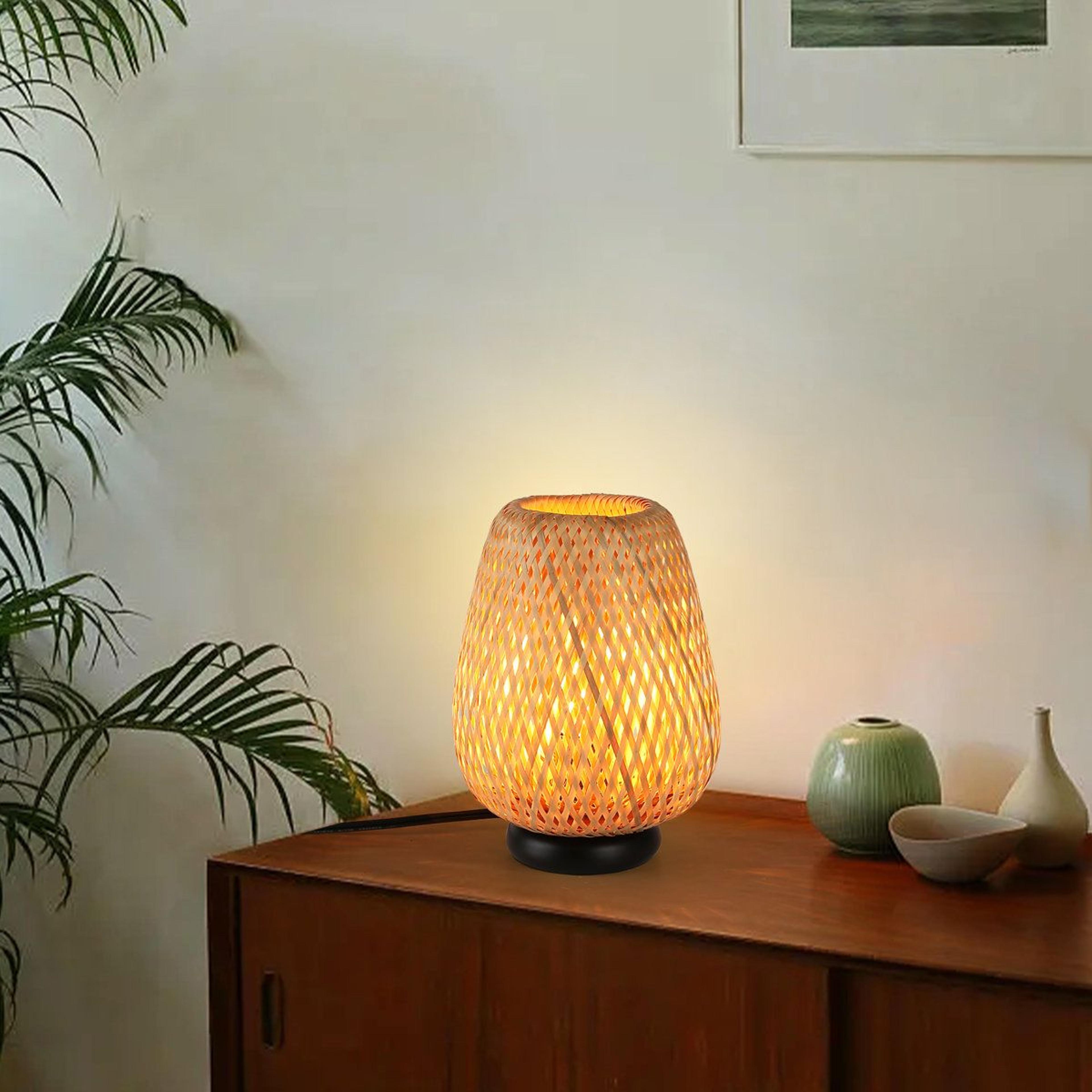 handwoven rattan table lamp boho bamboo bedside accent light