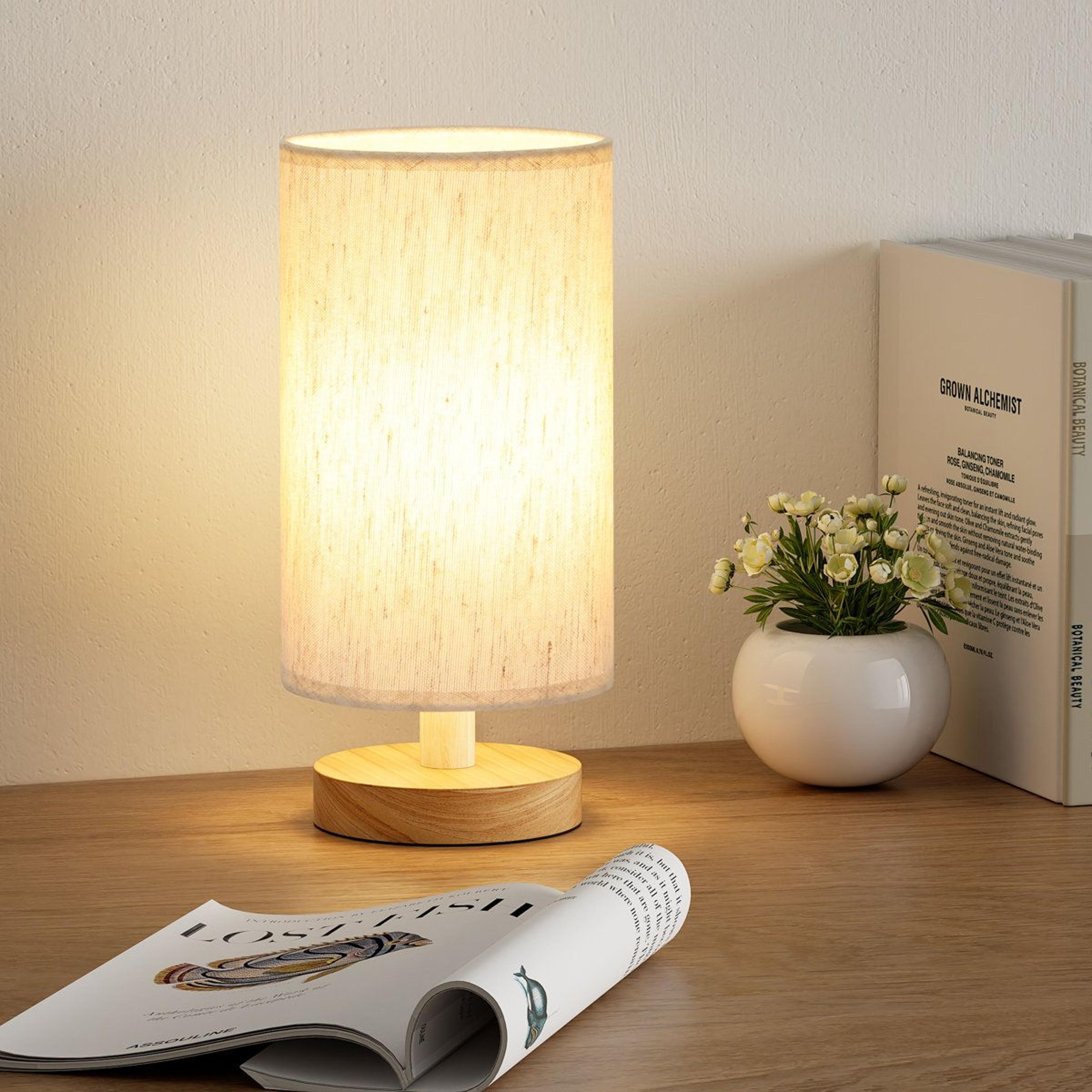 9 inch small bedside lamp with wood base and linen shade