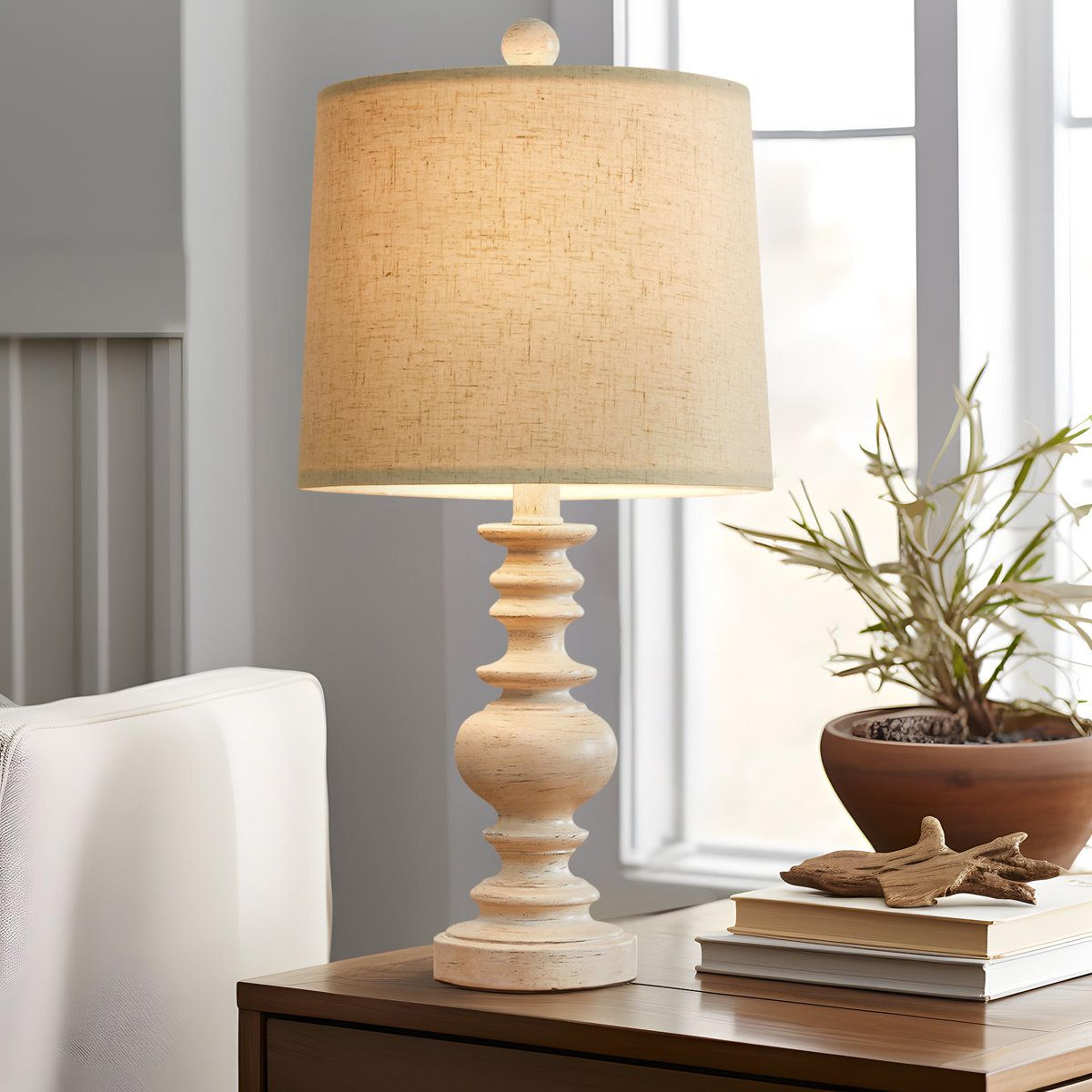 sori farmhouse table lamp with distressed white resin base and linen shade