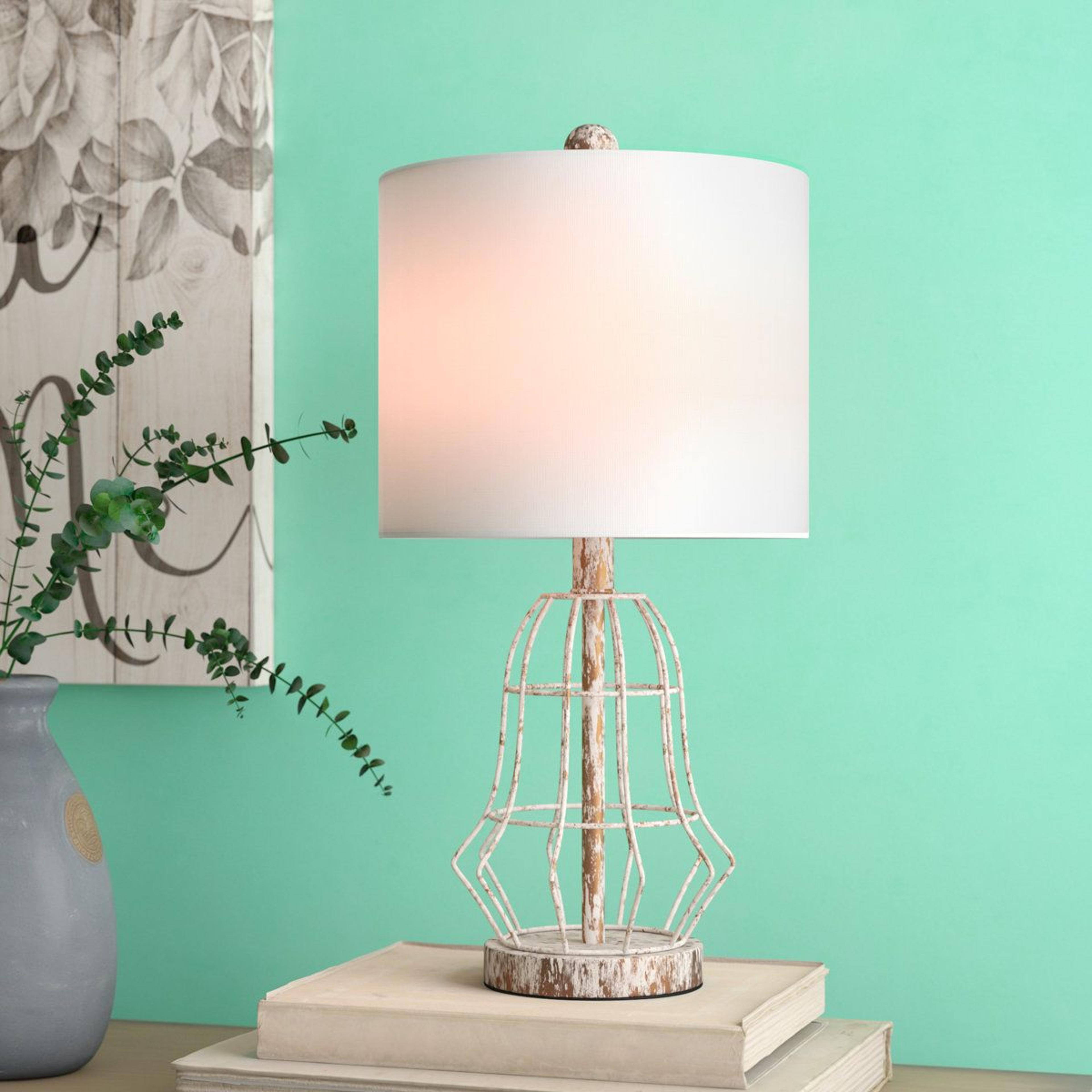 rustic birdcage farmhouse table lamp with cotton shade