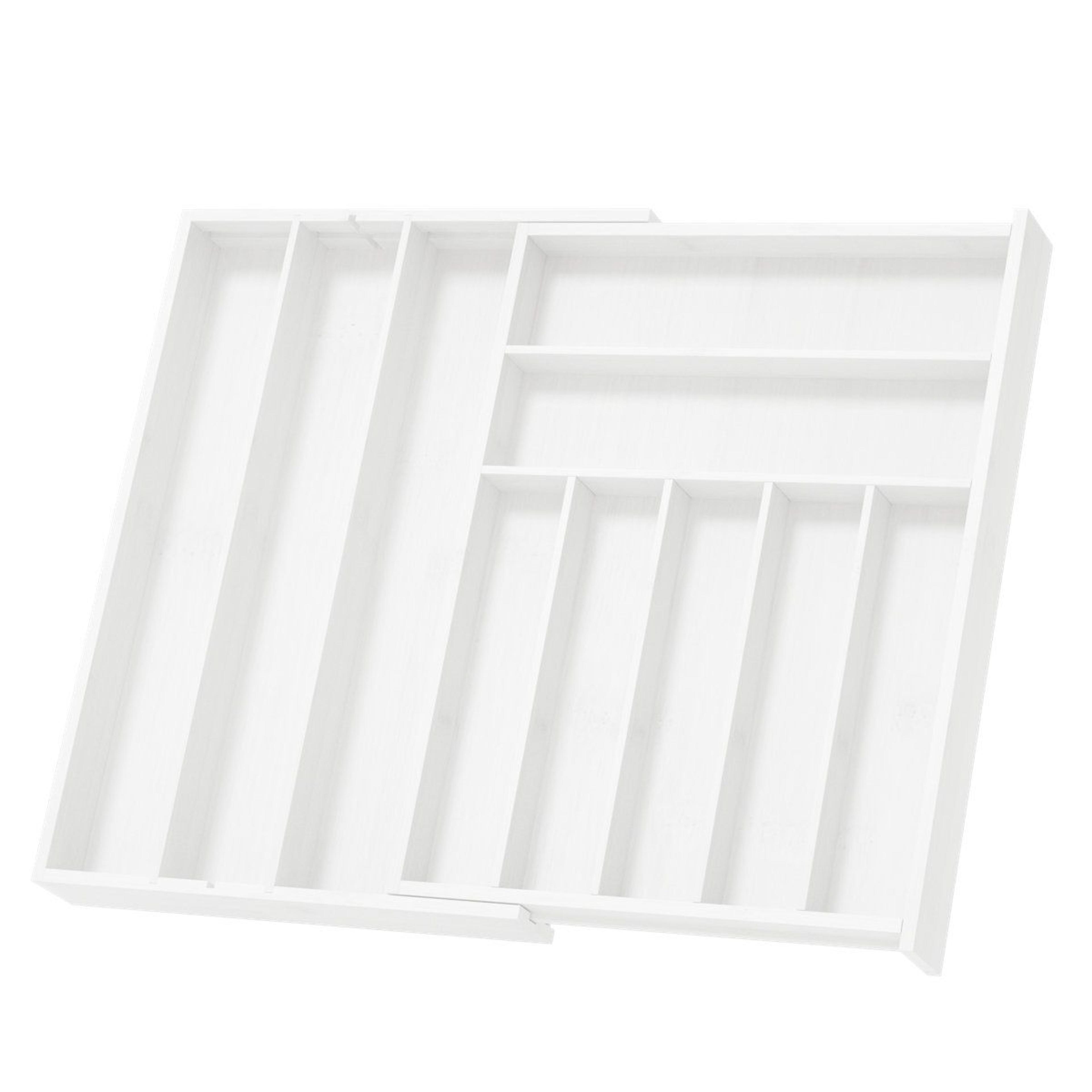 expandable bamboo silverware organizer with labels and 10 deep compartments