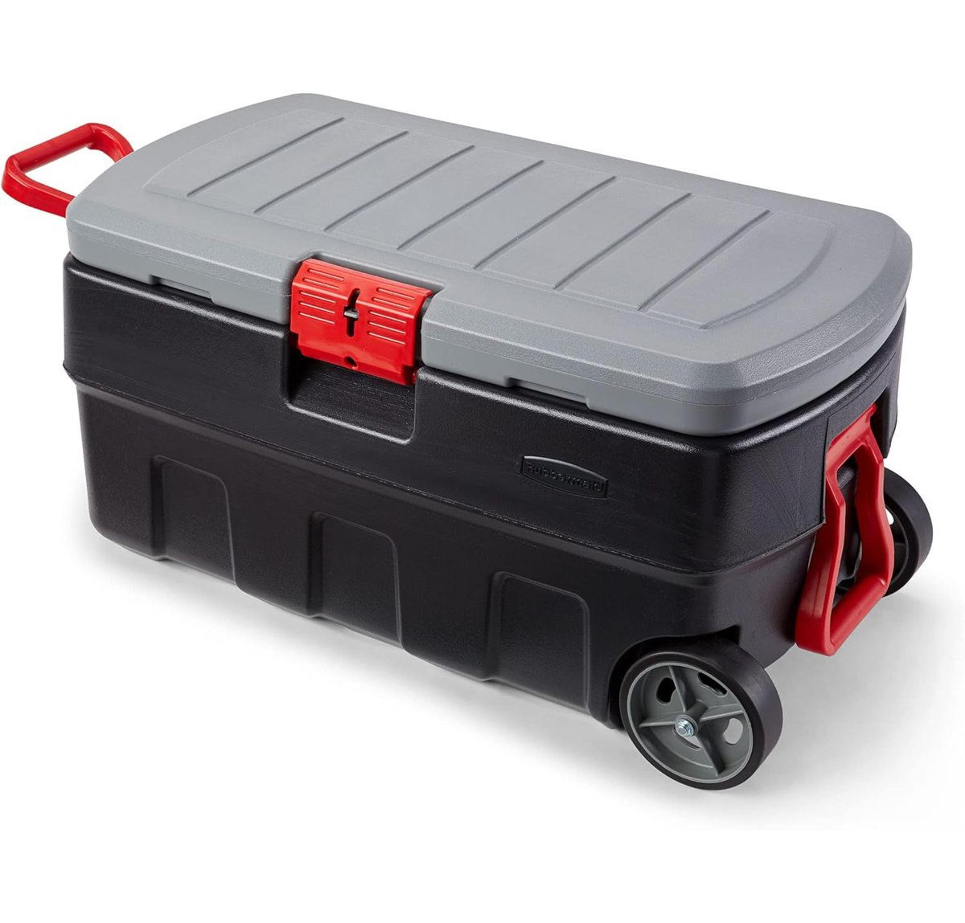 rubbermaid 35 gal heavy duty storage tote with wheels and lockable lid