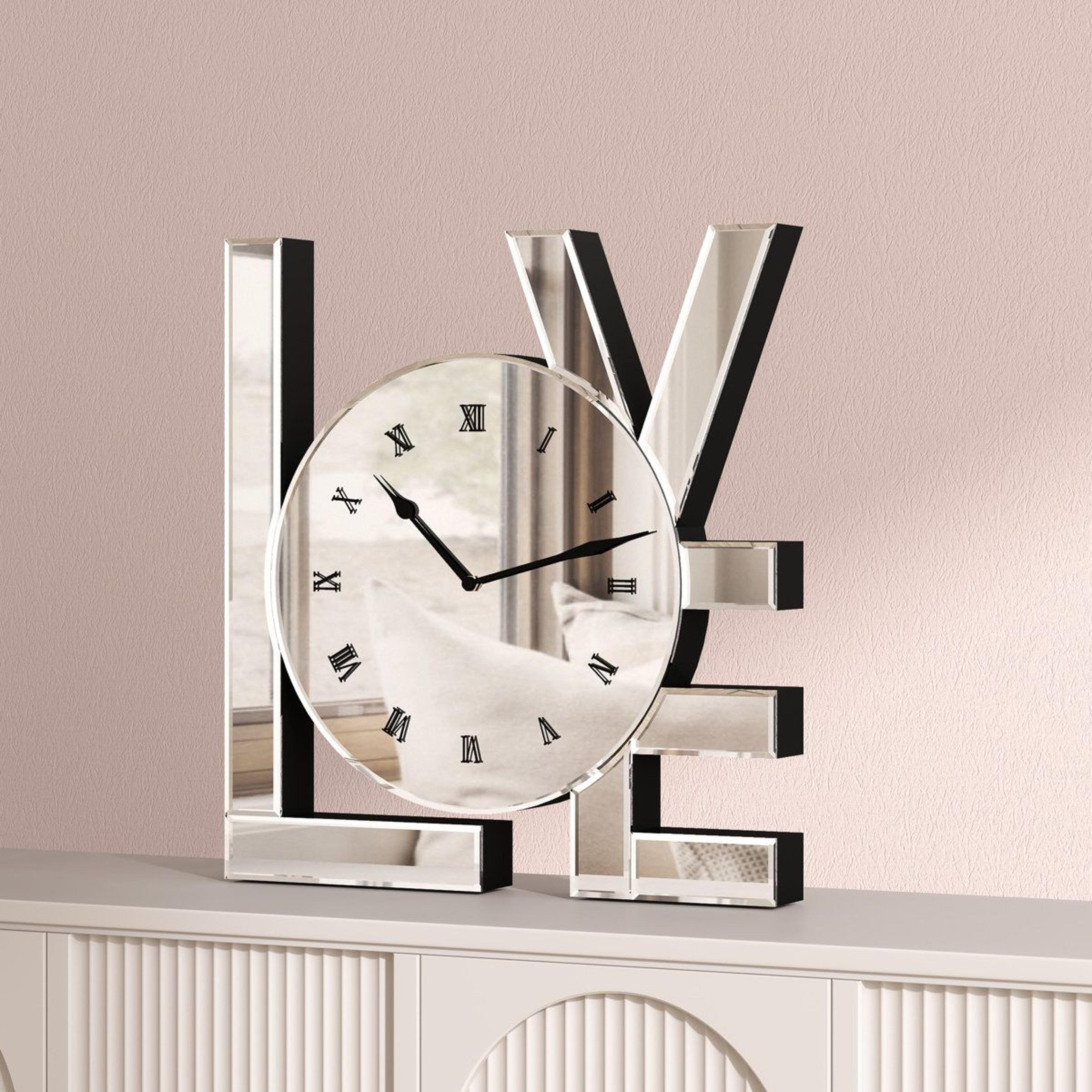 love silver mirrored decorative clock with silent quartz movement