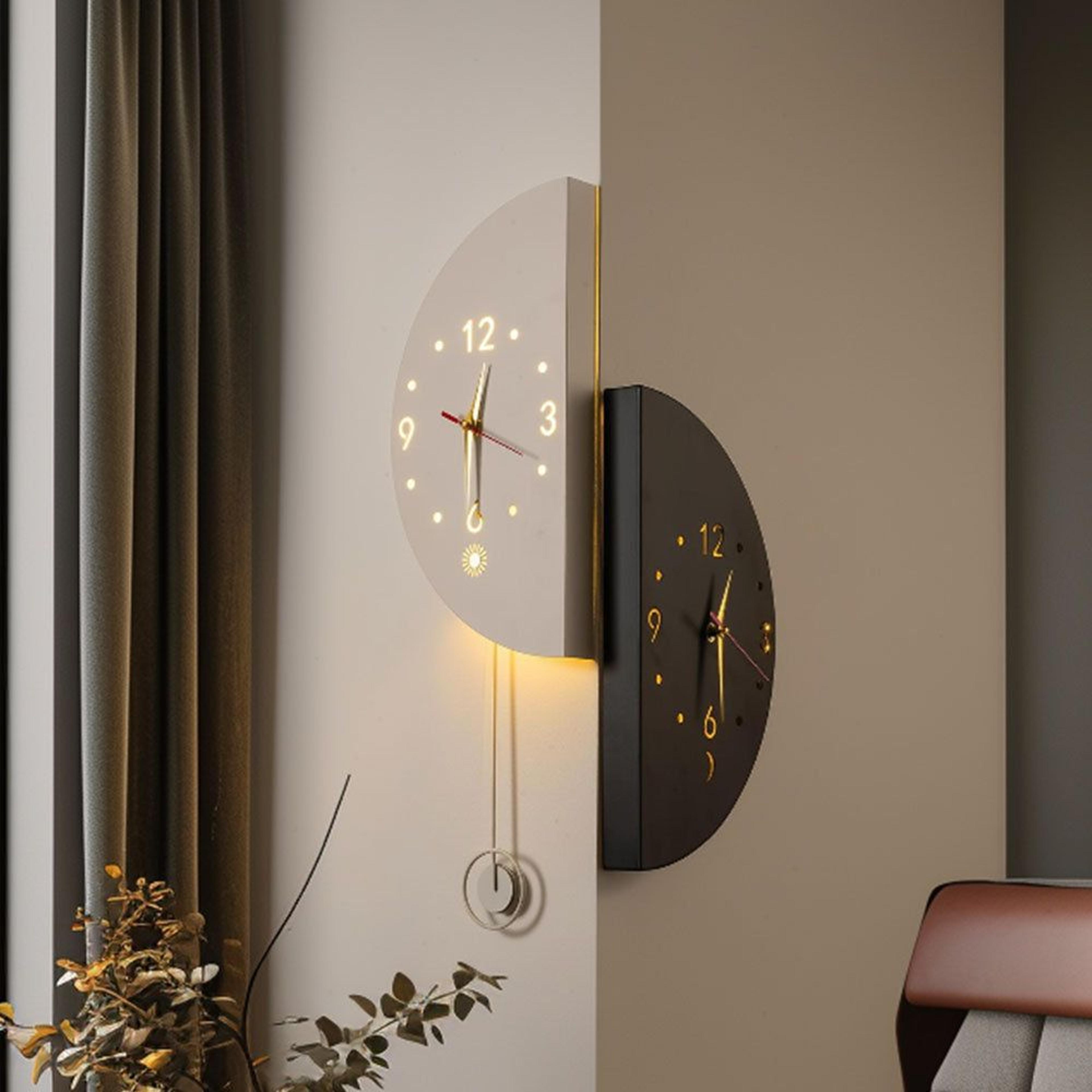 modern double sided wall clock with led light silent quartz corner design