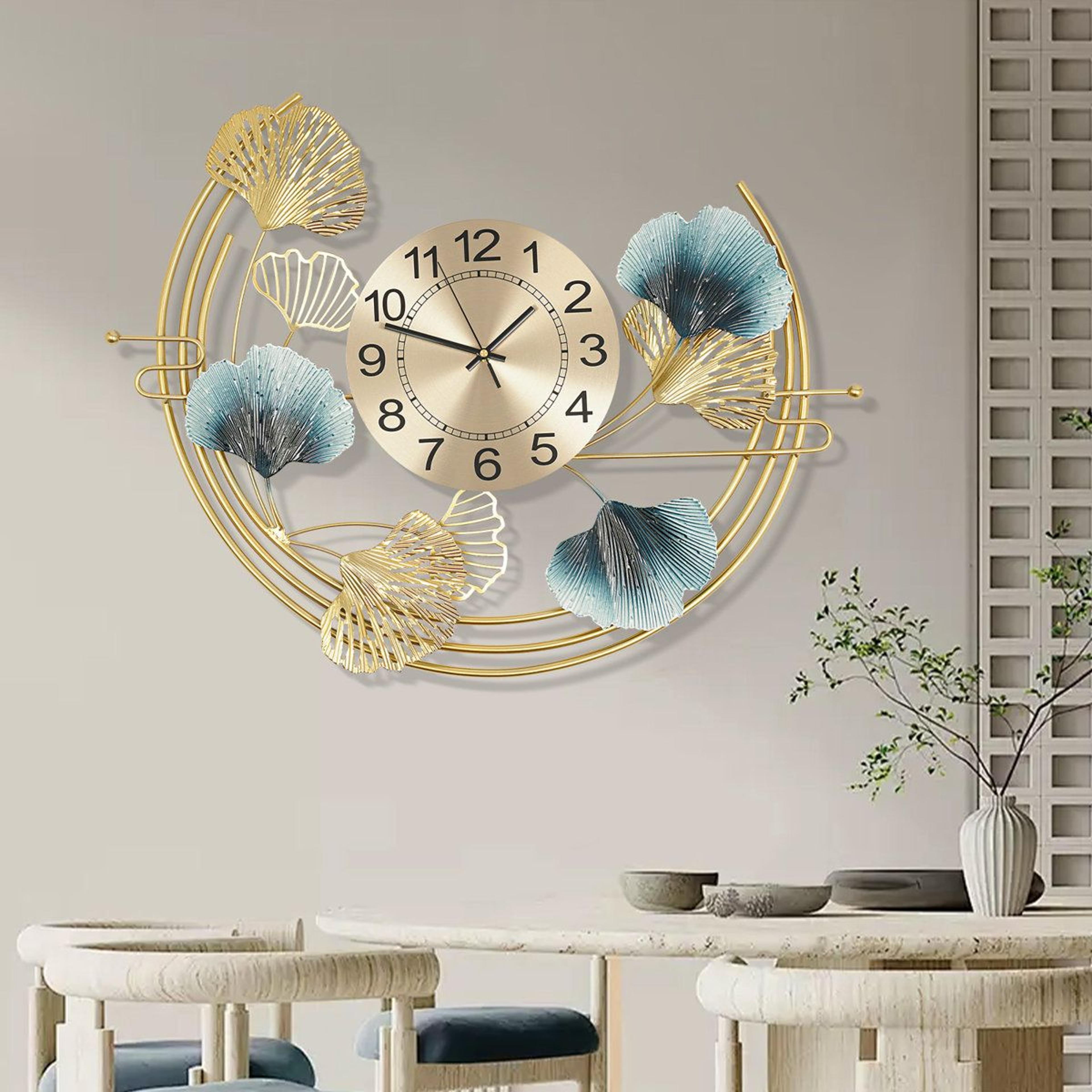 modern ginkgo leaf metal wall clock with silent movement
