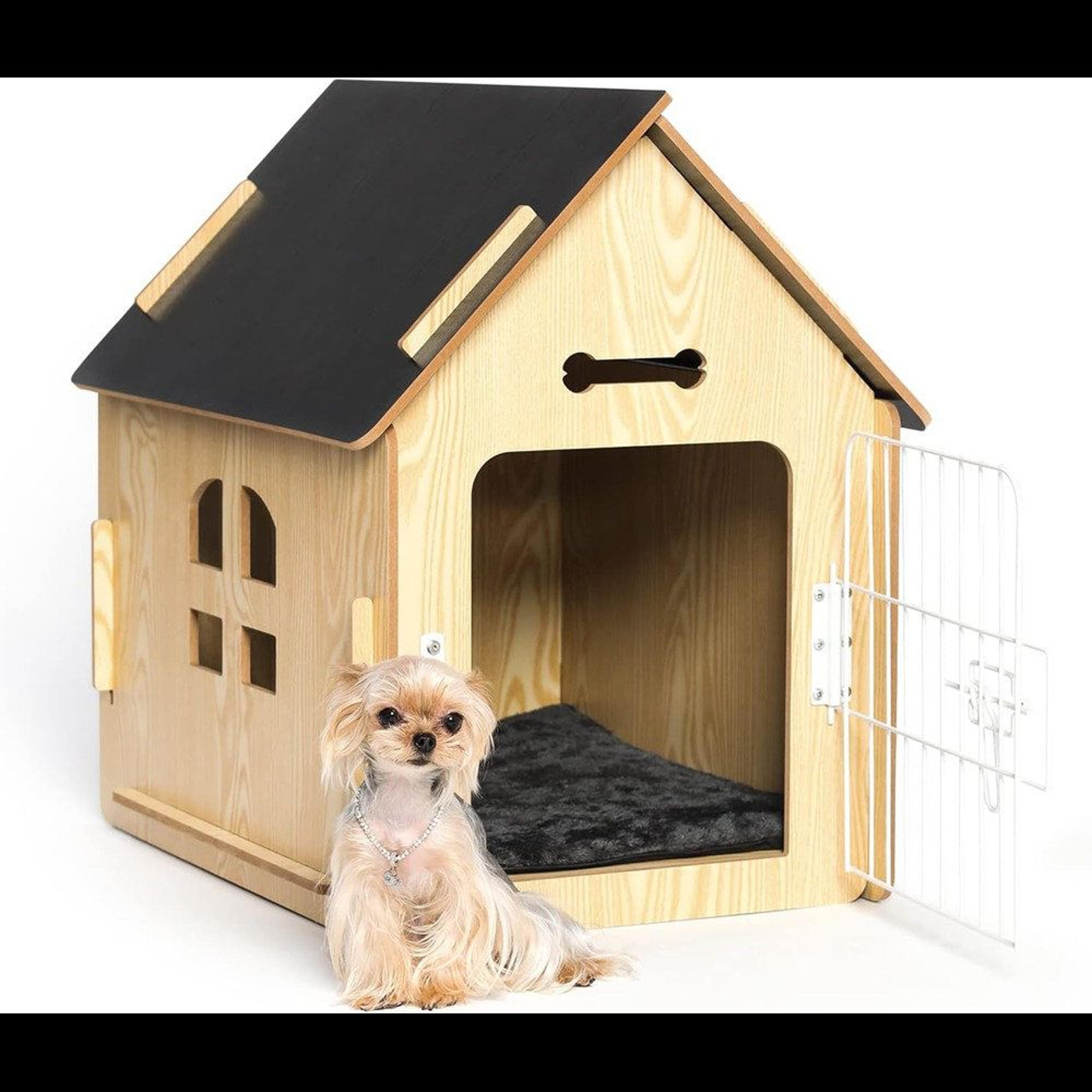 byrn indoor wooden dog house with lockable door and removable cushion