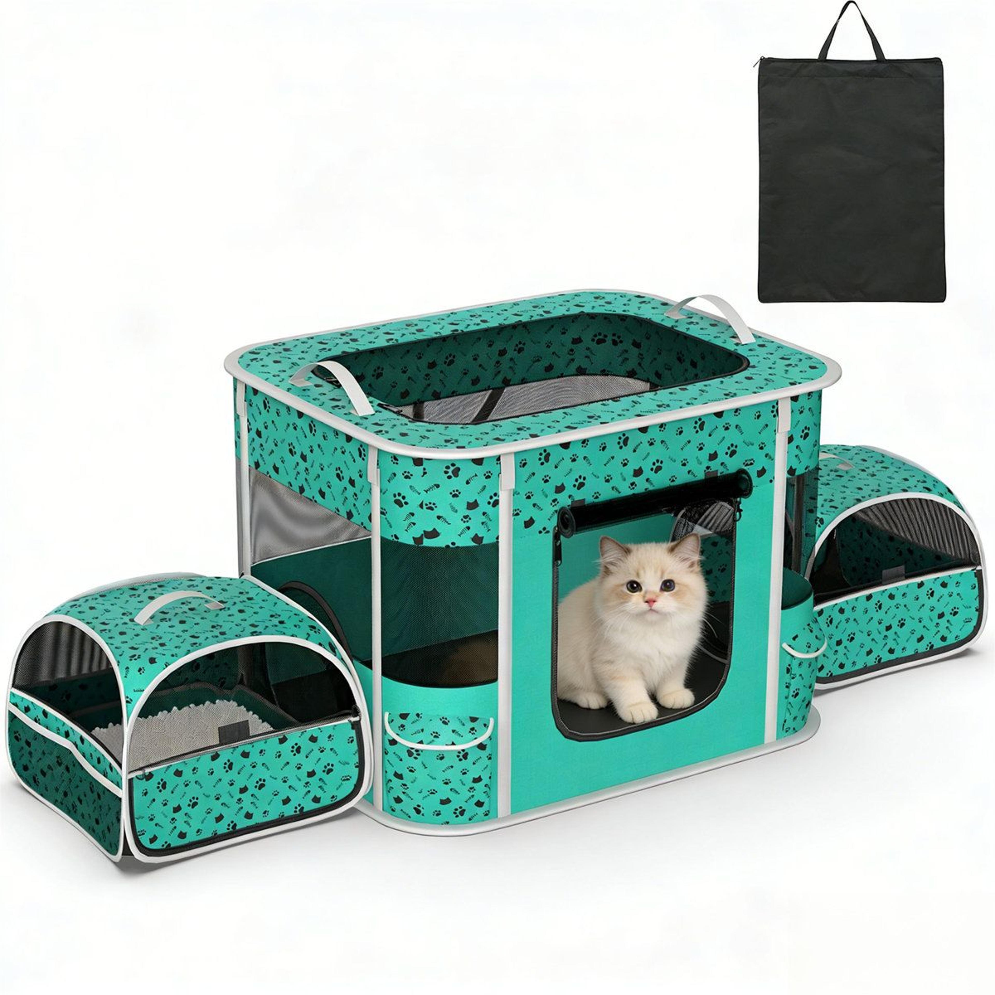 3-zone portable pet playpen with litter and feeding areas