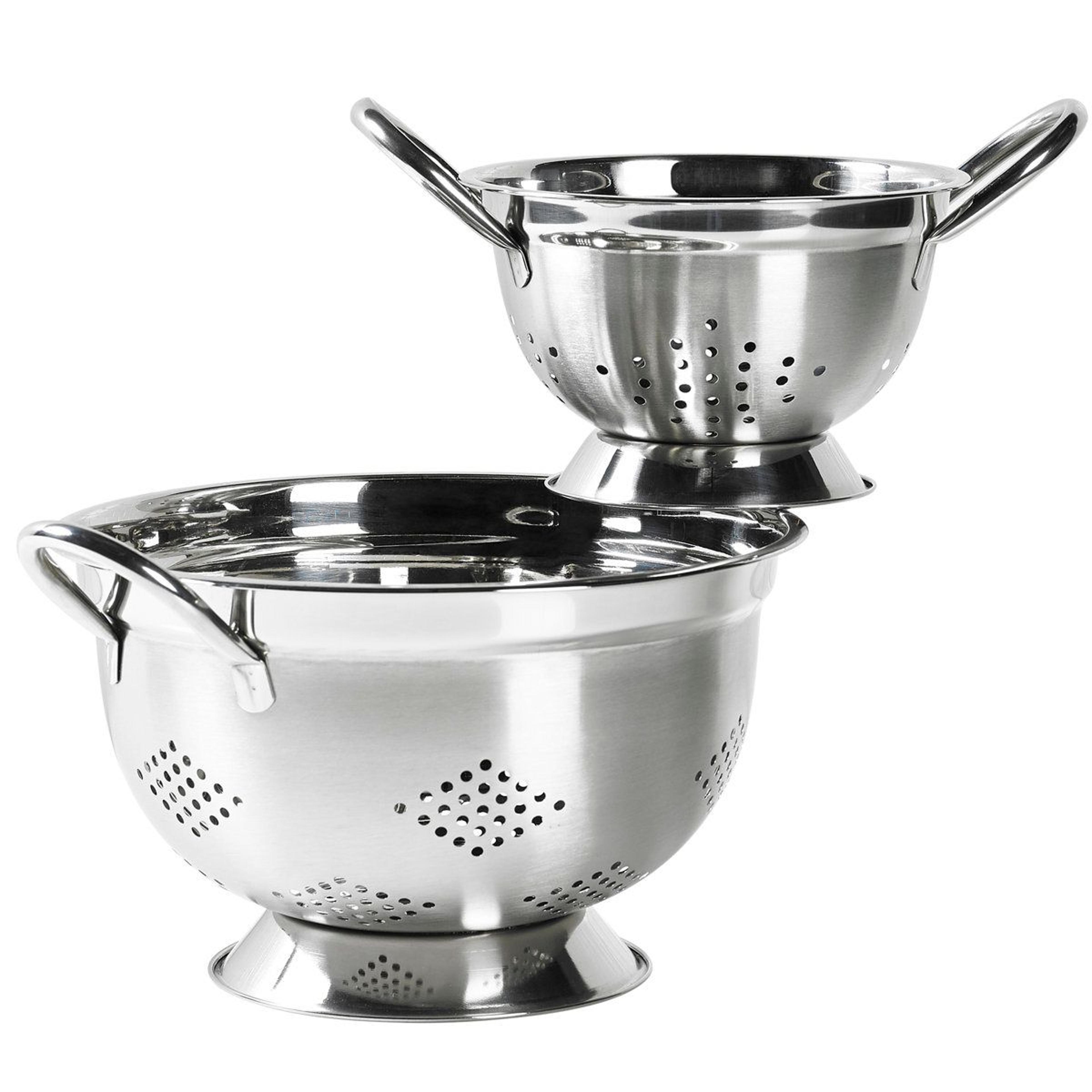 2 piece stainless steel colander set with handles for pasta and produce