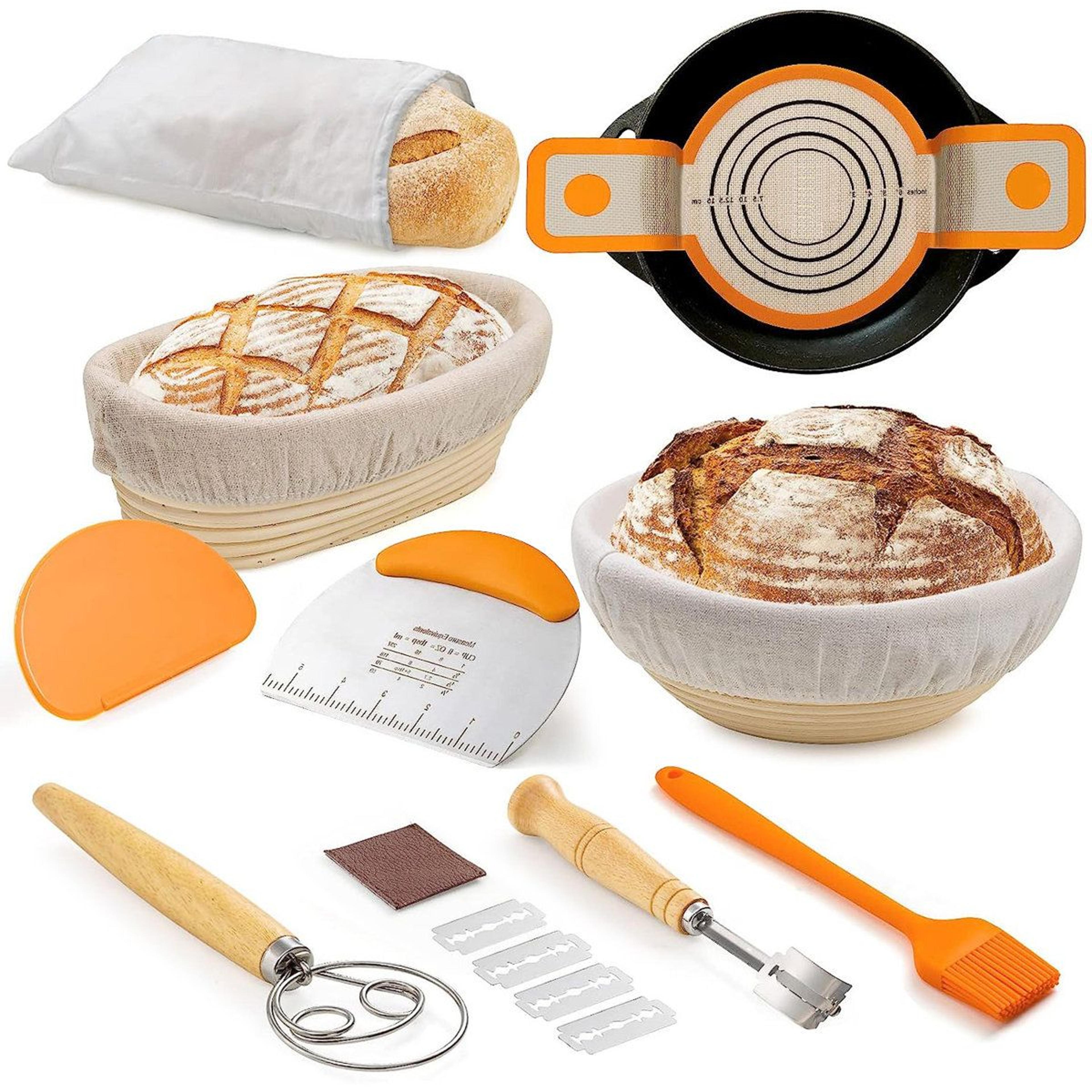 14 piece sourdough proofing basket and banneton bread baking kit