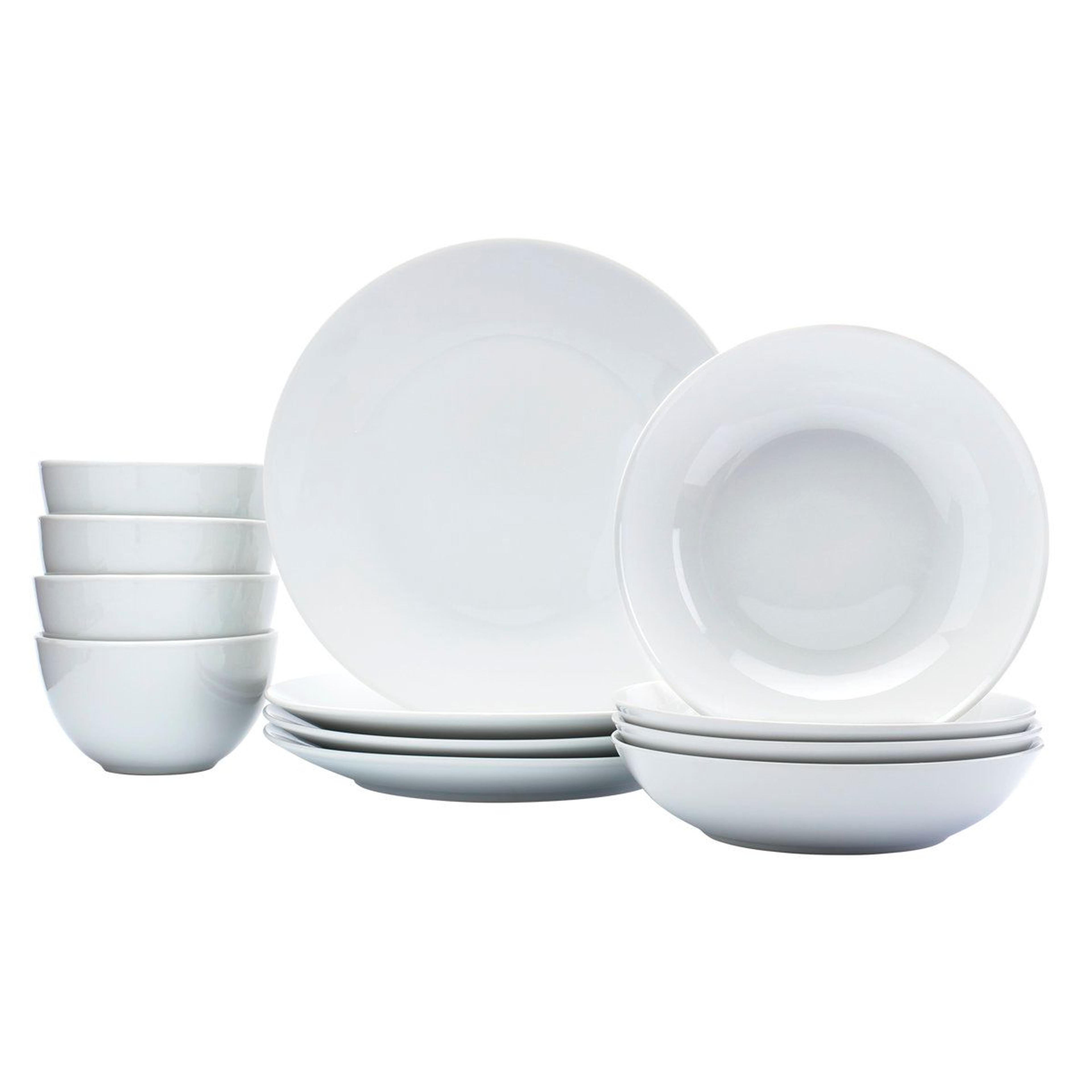denmark 12 piece porcelain dinnerware set for 4 with stackable plates and bowls