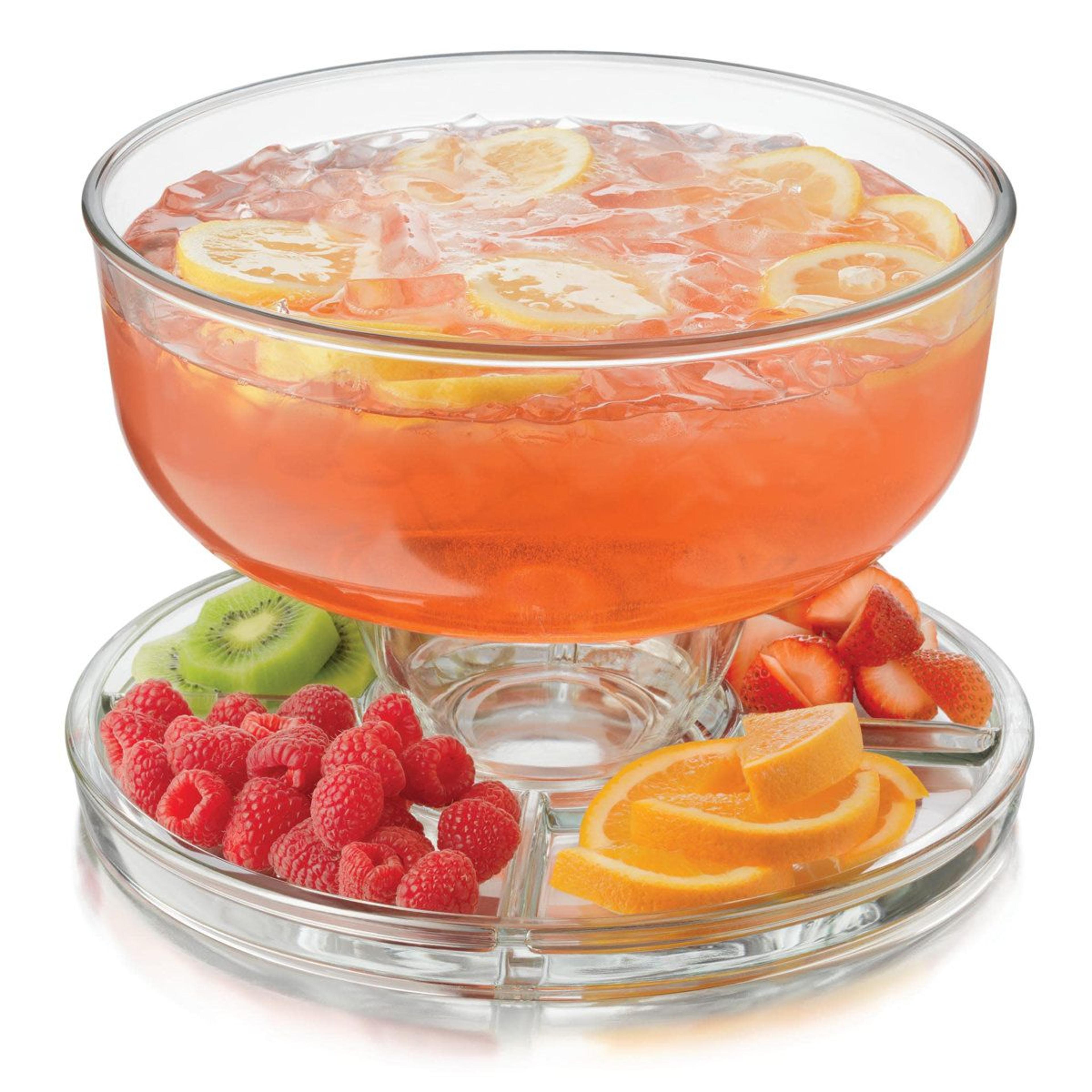 libbey selene 6 in 1 glass cake stand with dome punch bowl and chip dip server