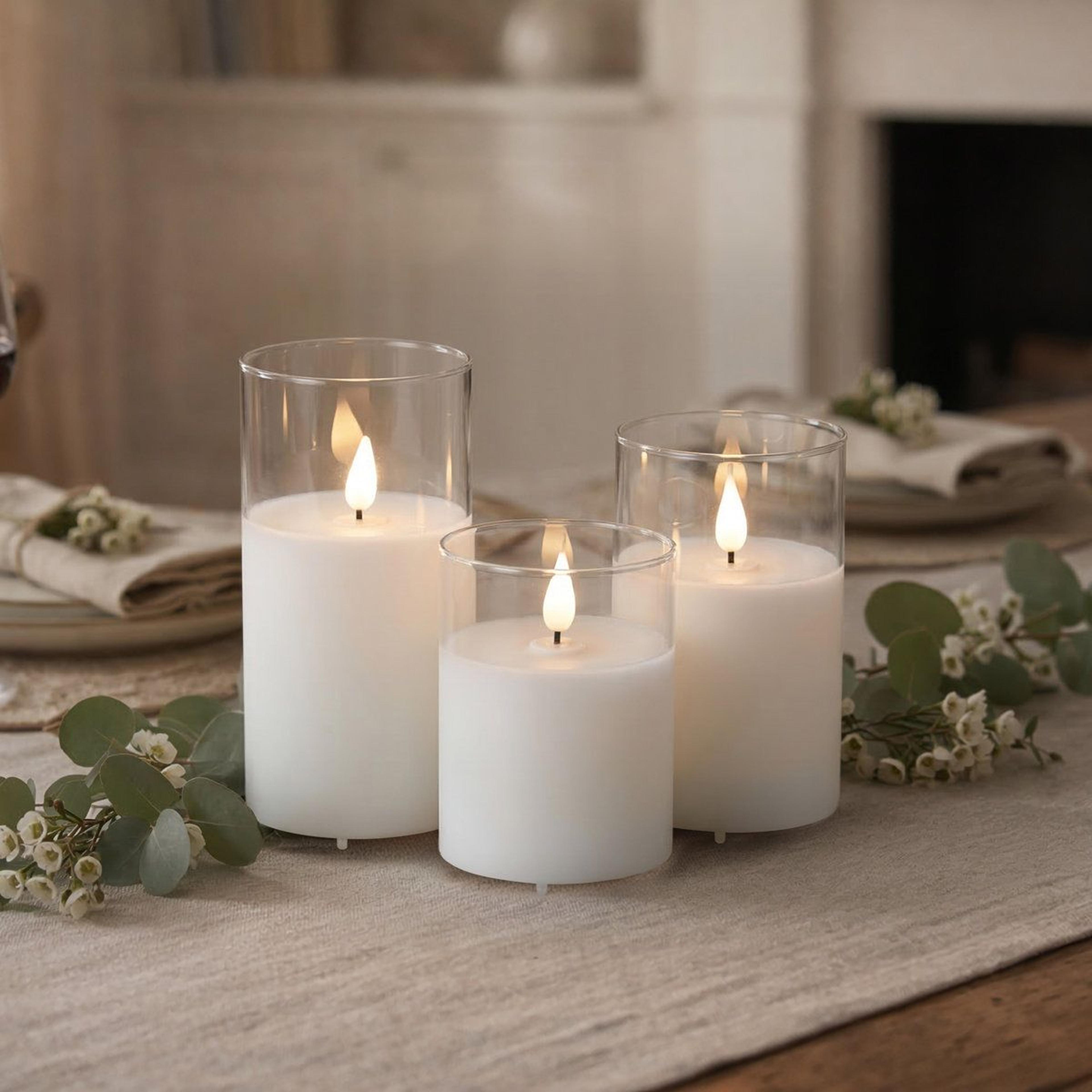 set of 3 rechargeable flameless candles with real wax glass pillars remote and timer
