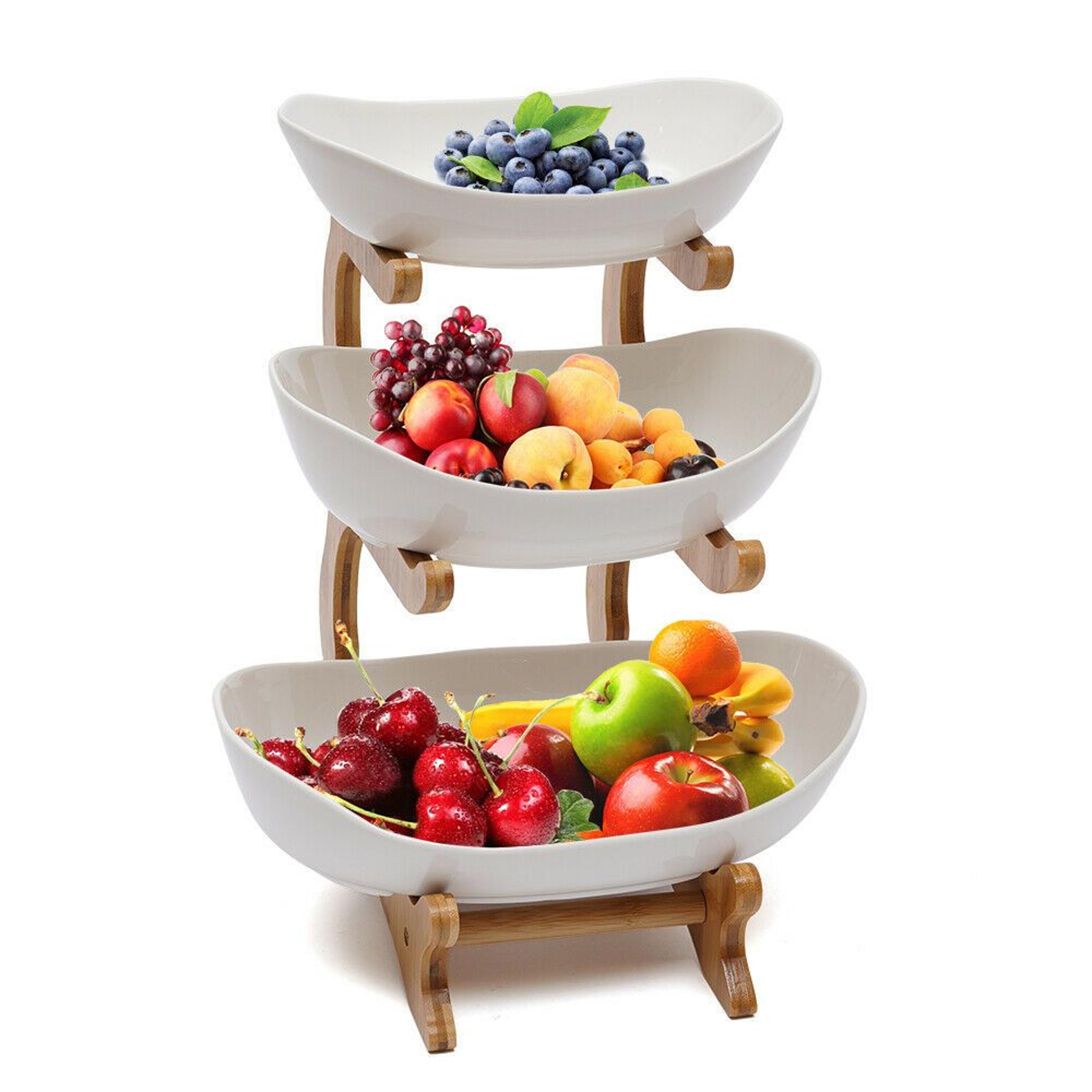 3 tier ceramic fruit bowl with bamboo stand countertop organizer