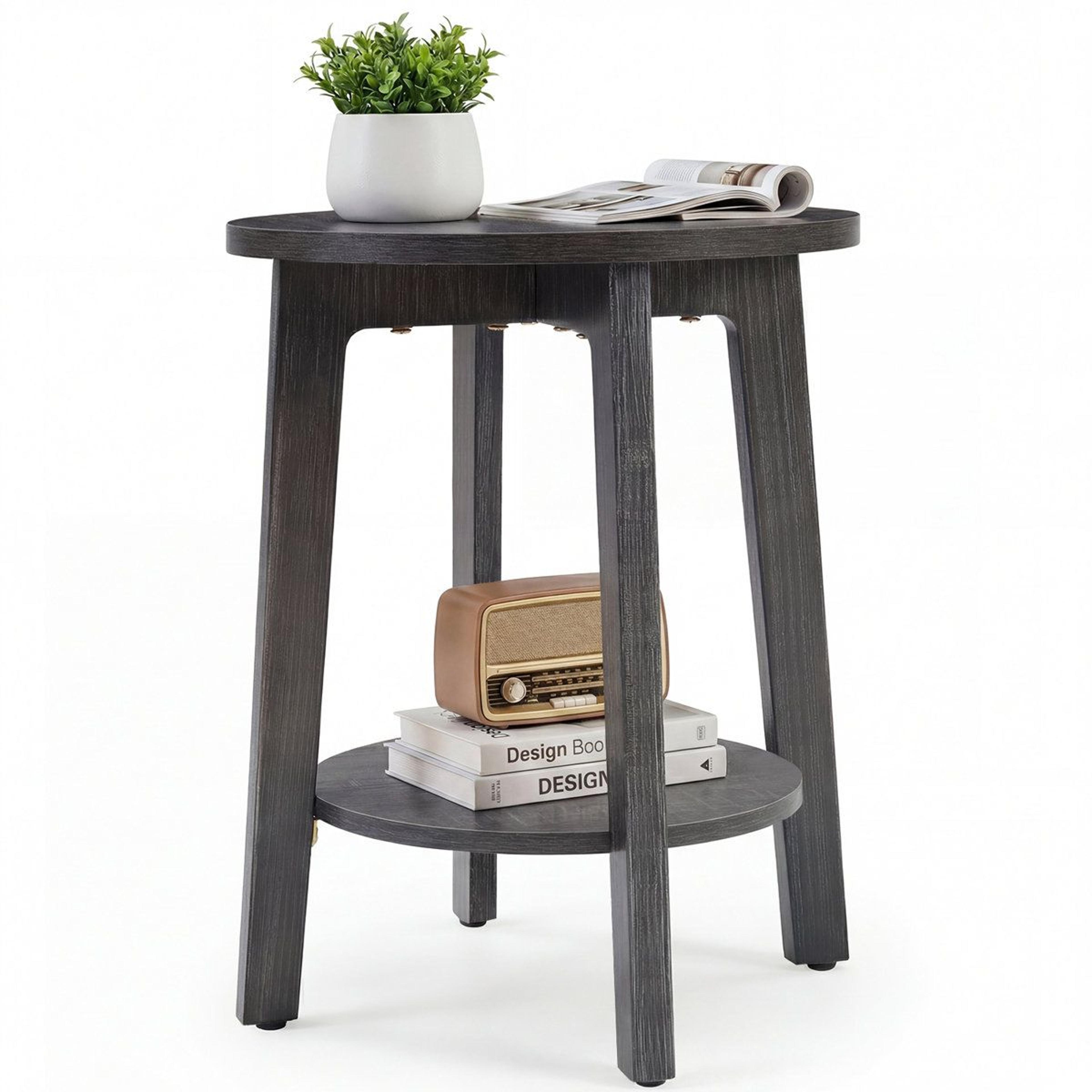 2 tier round side table set of 2 with tapered wood legs and lower shelf