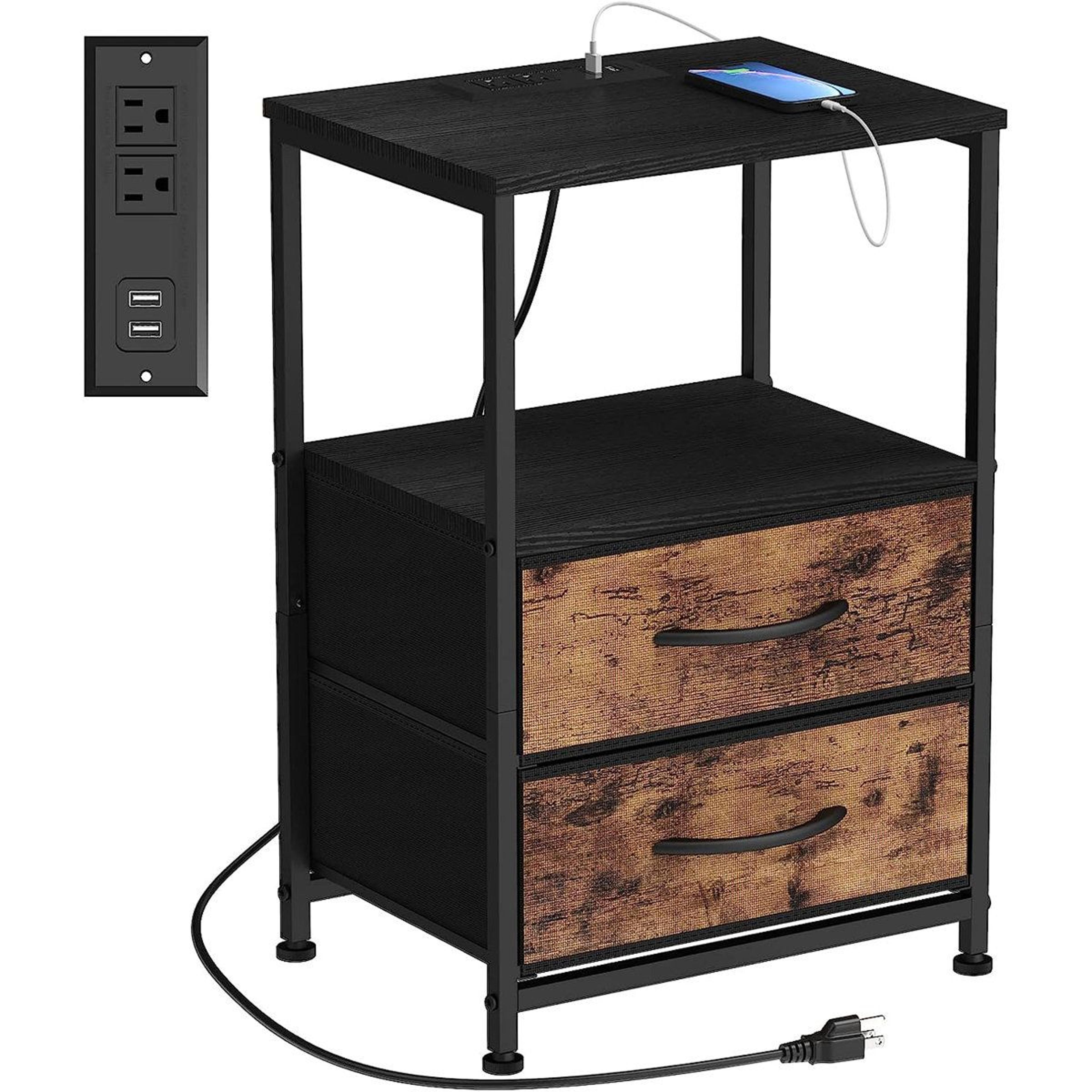 tall 2 drawer end table with charging station and usb ports