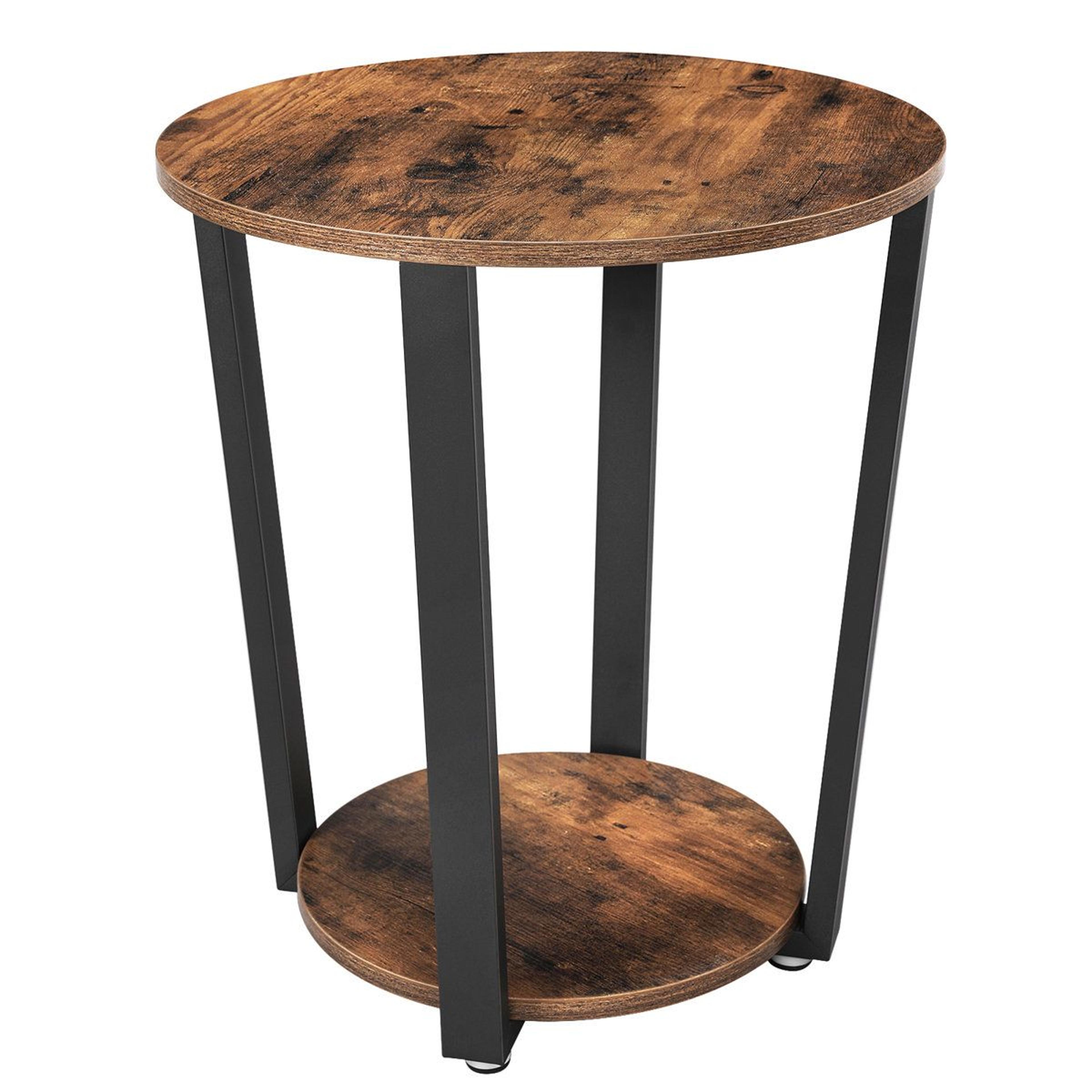 rustic round end table with open shelf storage