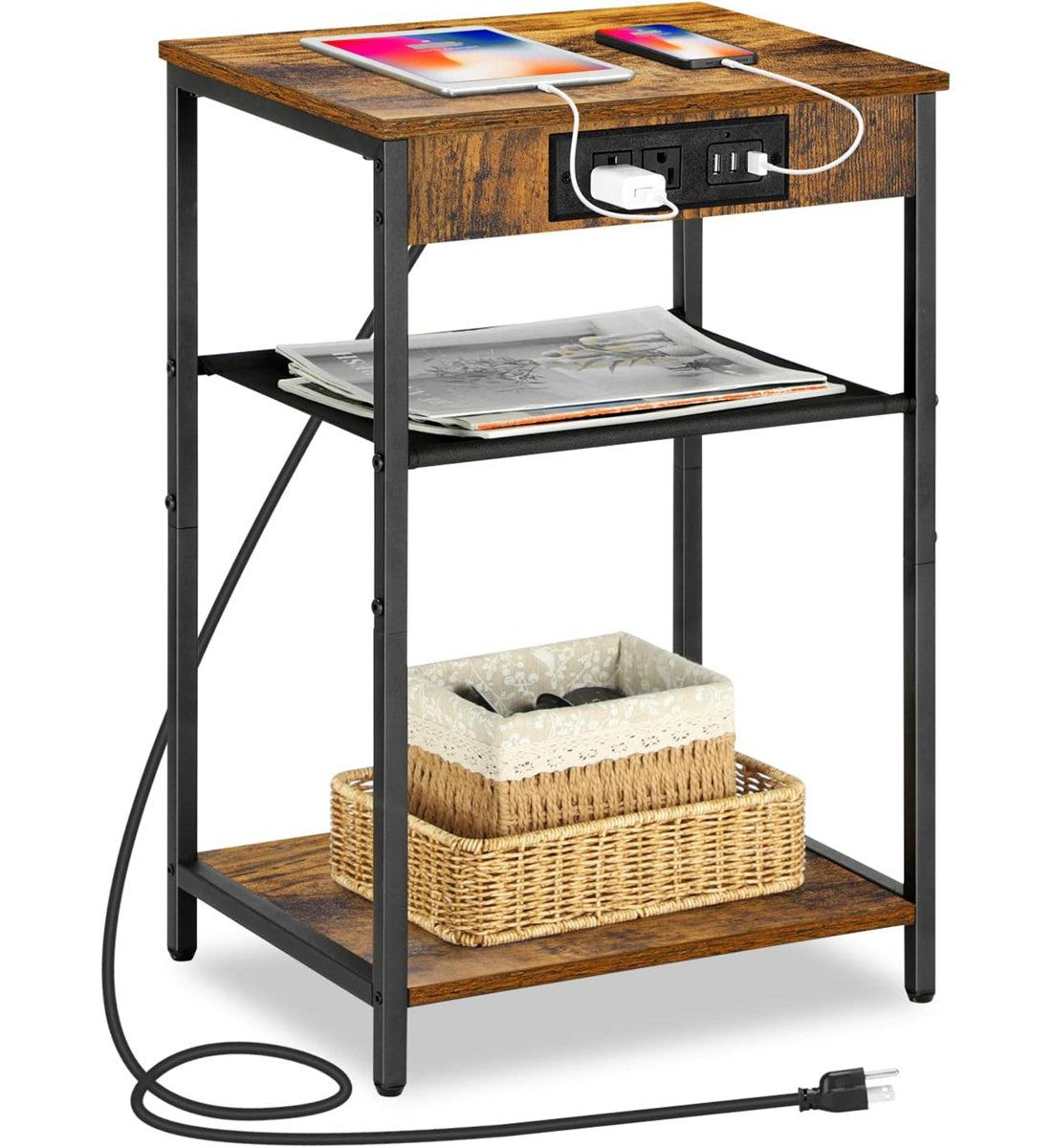 3 tier charging end table with usb ports and outlets