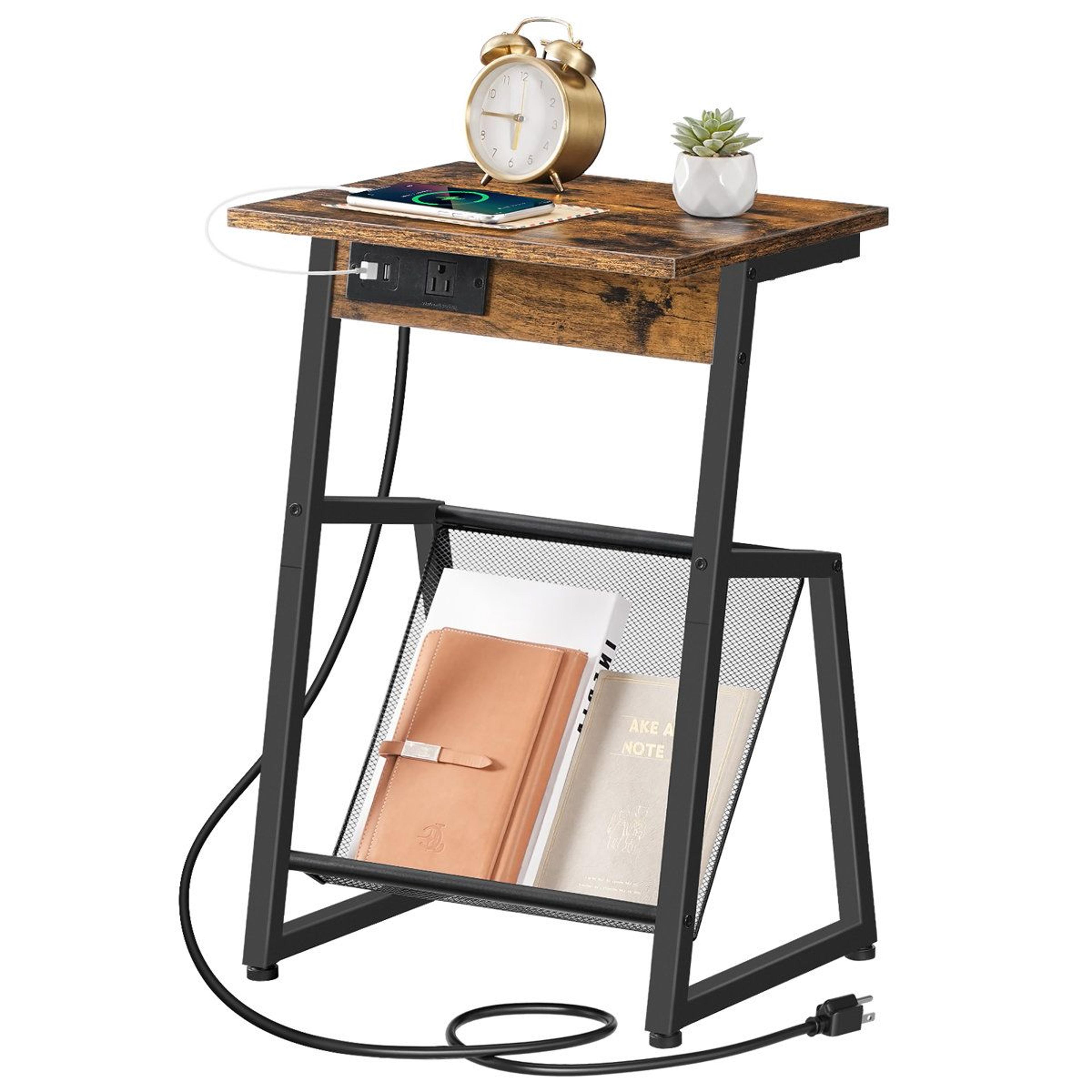 23.6 inch c shaped side table with charging station and magazine rack