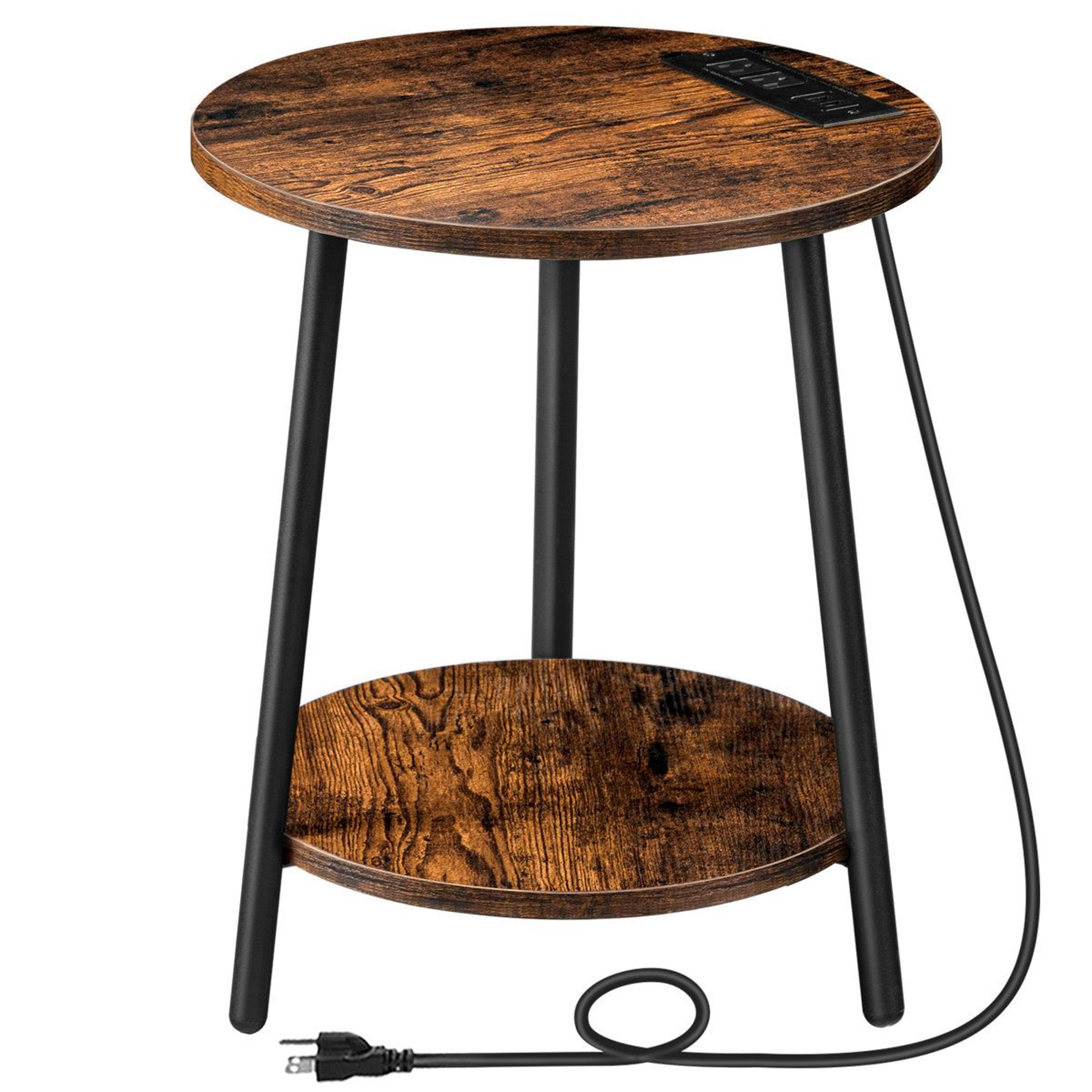 modern round end table with charging station and storage shelf