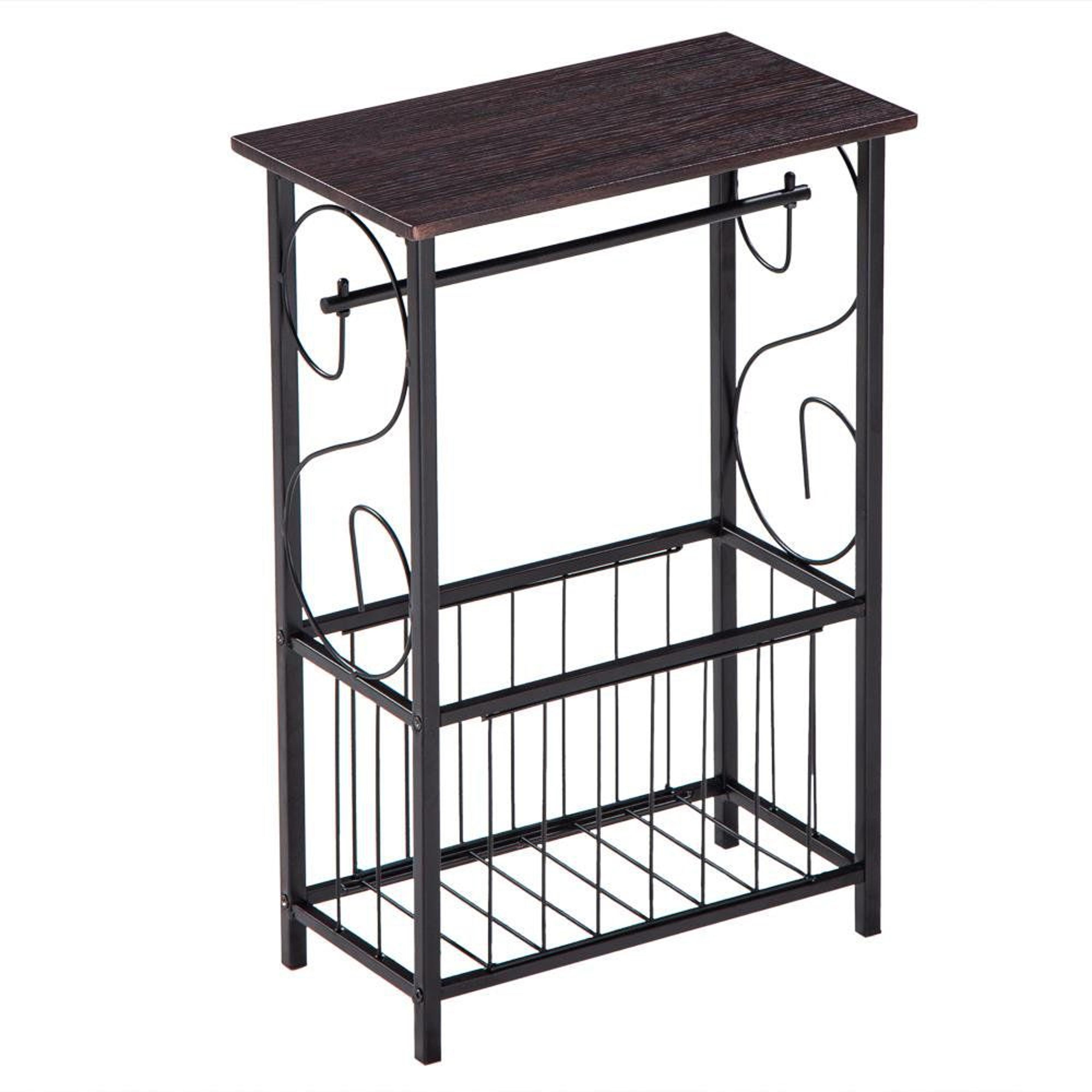 slim bathroom side table with toilet paper holder and magazine rack
