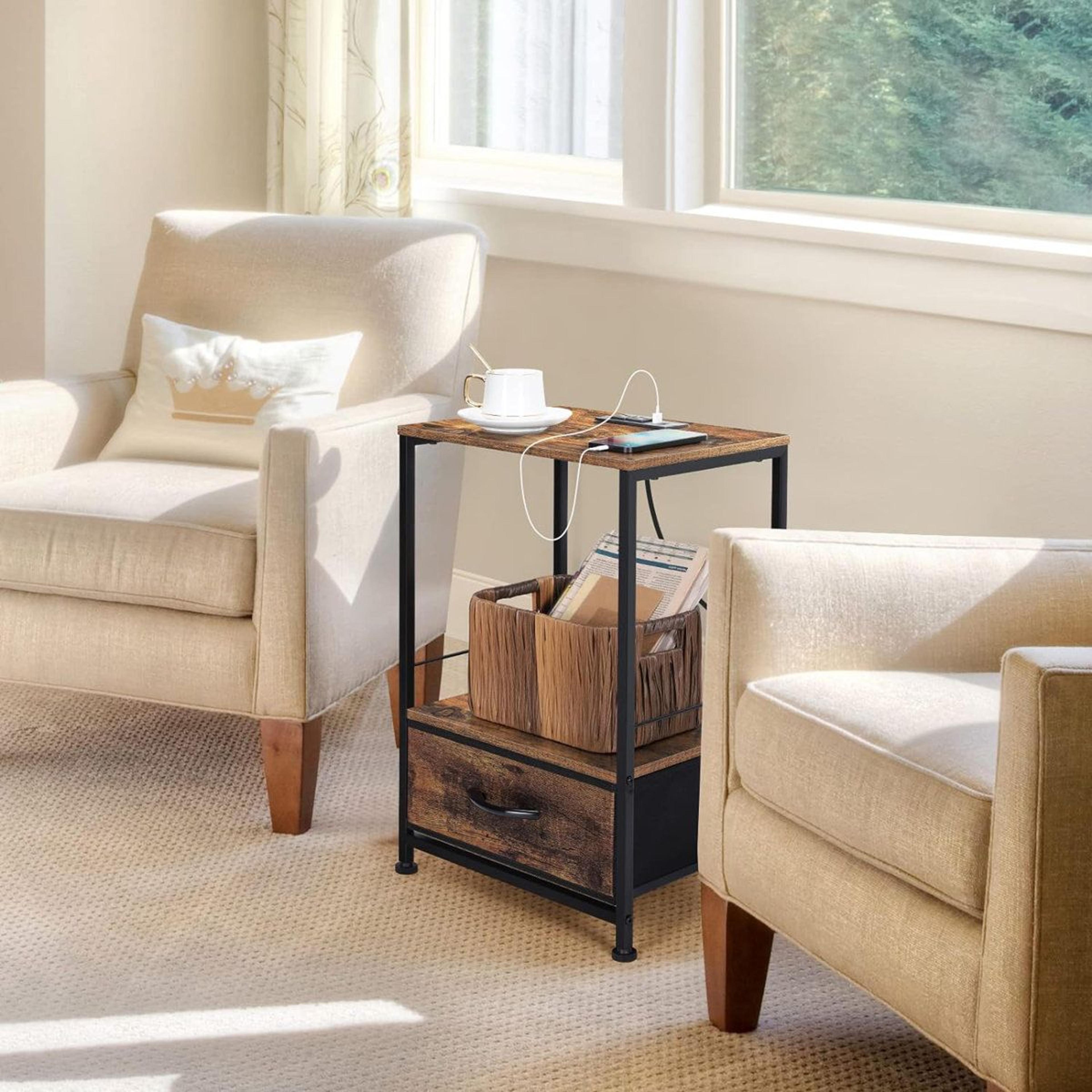 narrow charging station nightstand with usb ports and fabric drawer