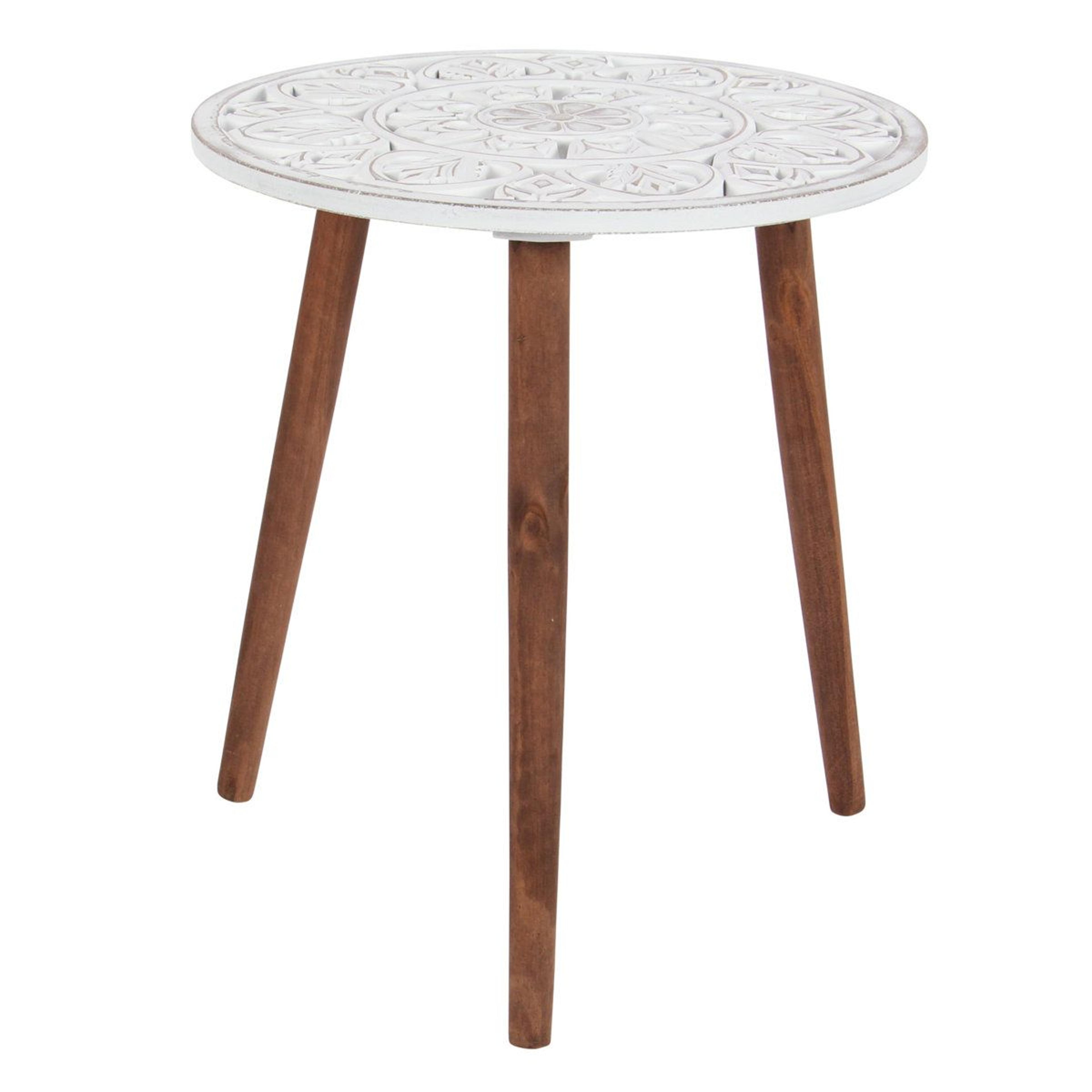 aiden carved mango wood side table white floral tripod end table