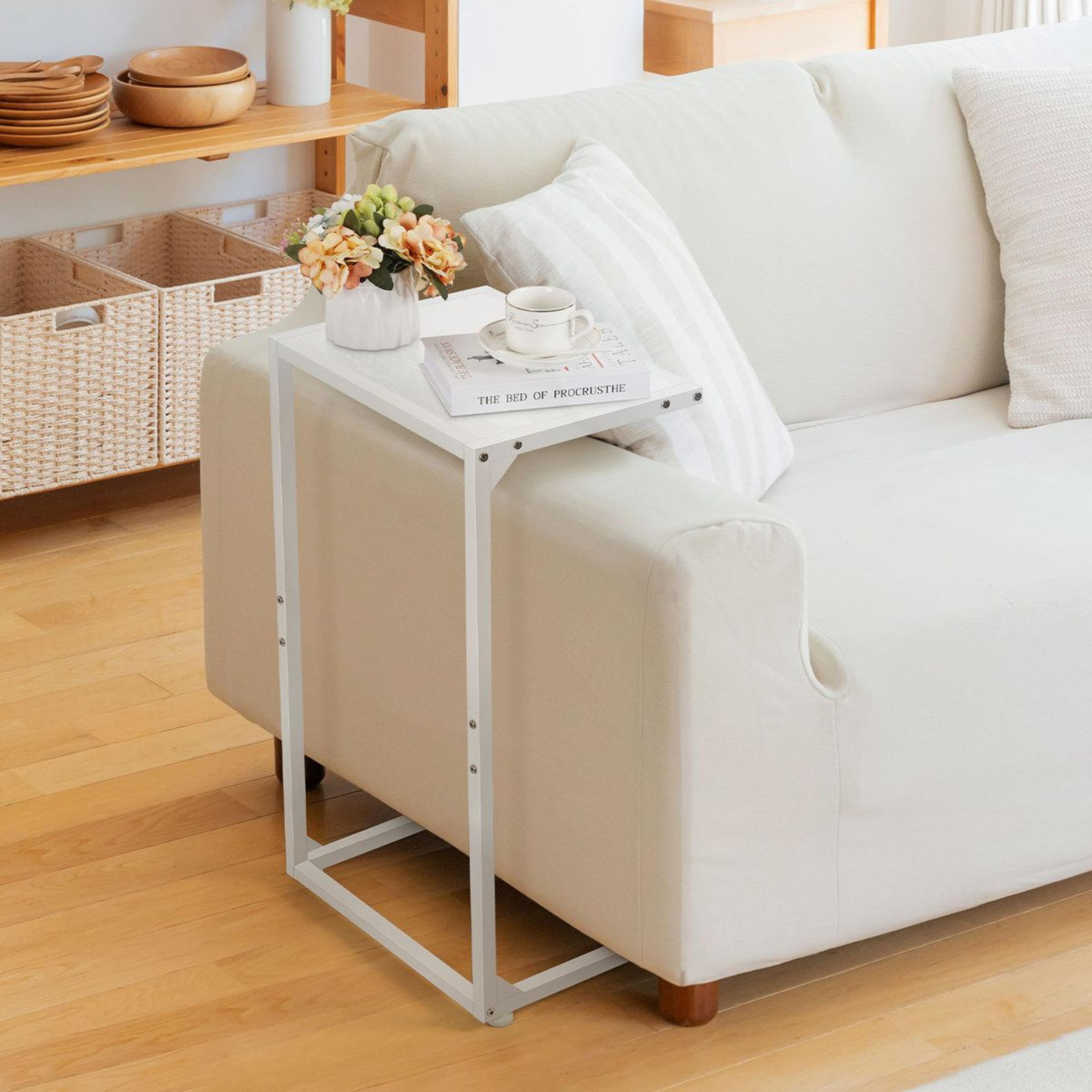 space-saving white c-shaped side table for sofa and laptop