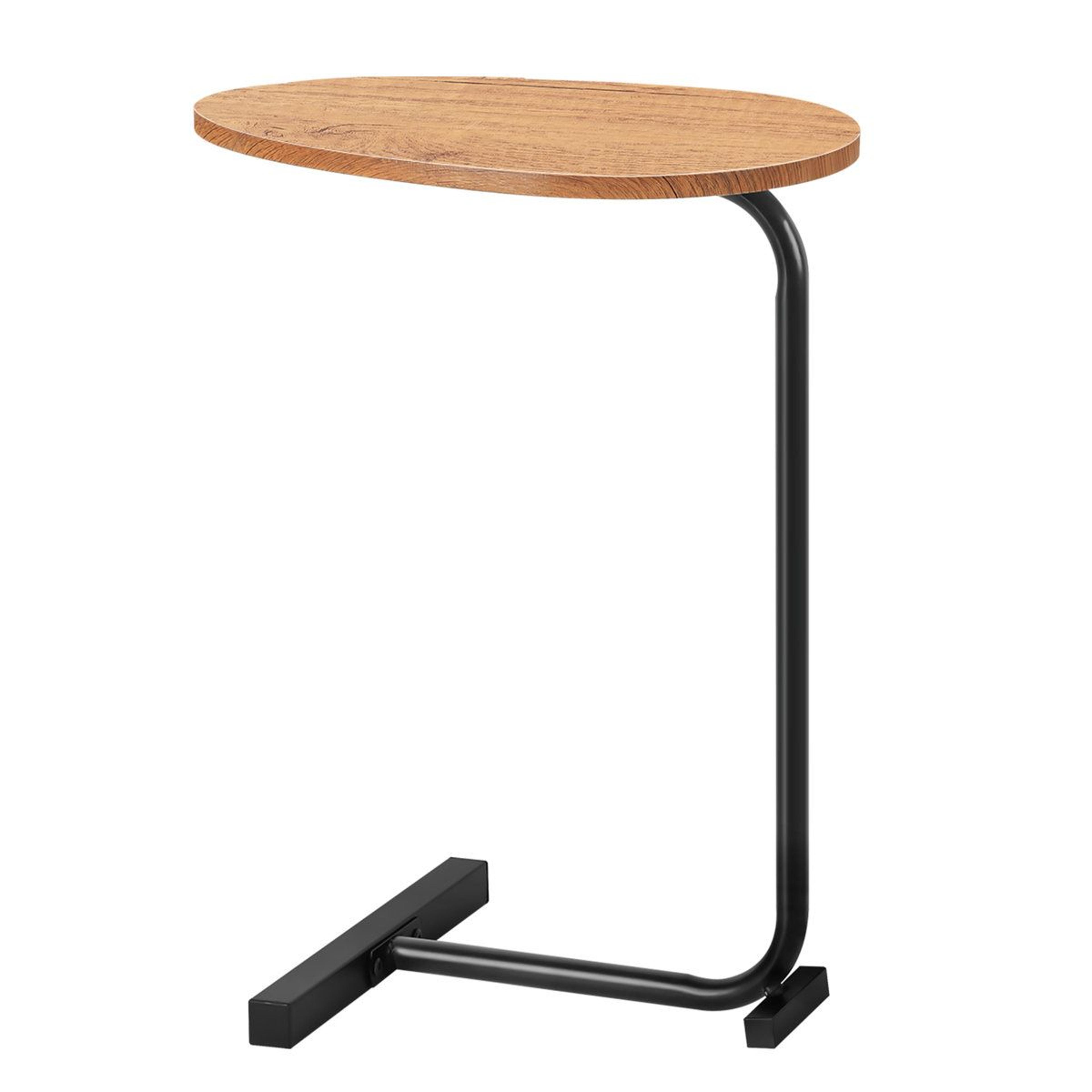 space-saving c shaped side table for sofa and bed with brown wood top