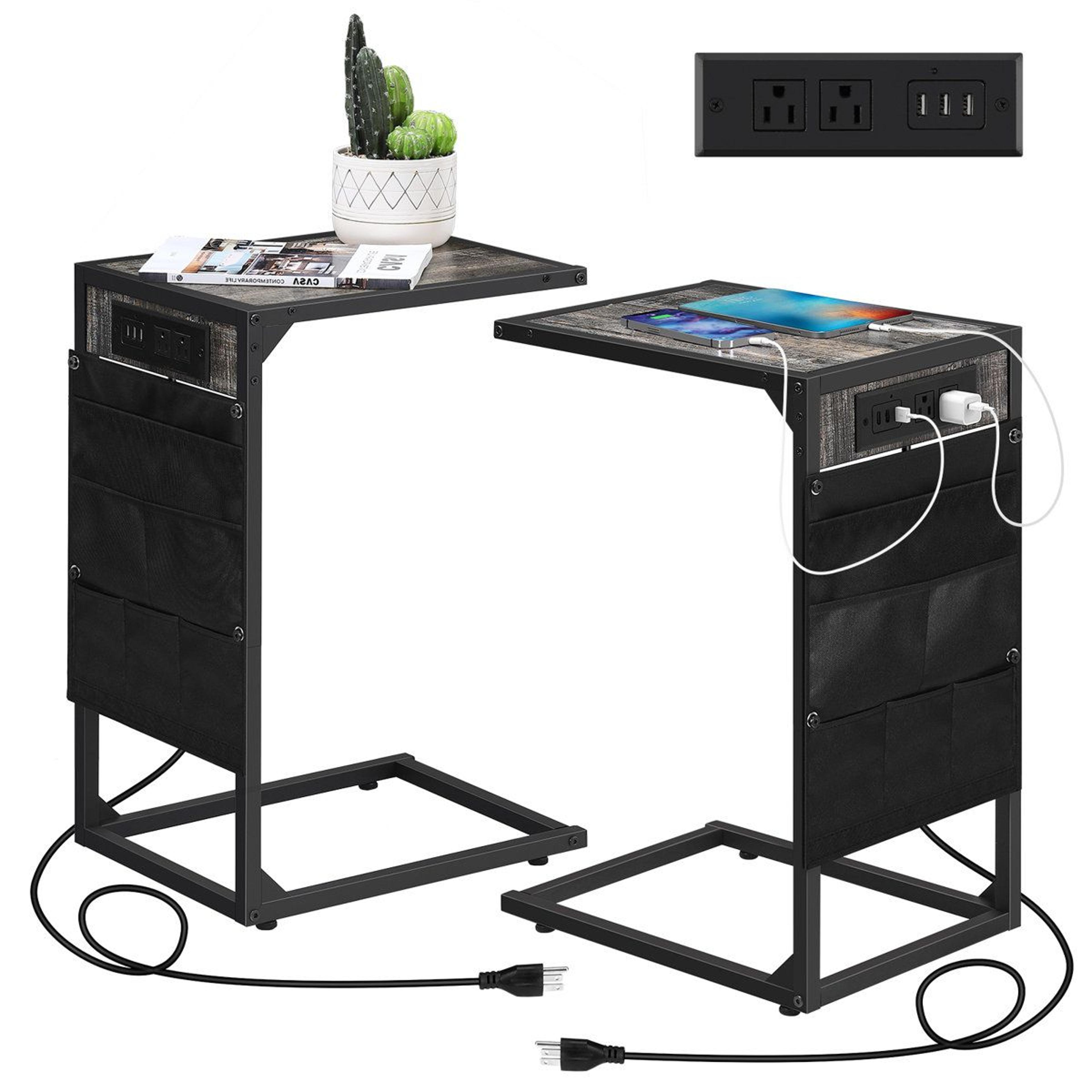 2 pack c shaped side tables with charging station and storage bag dark gray
