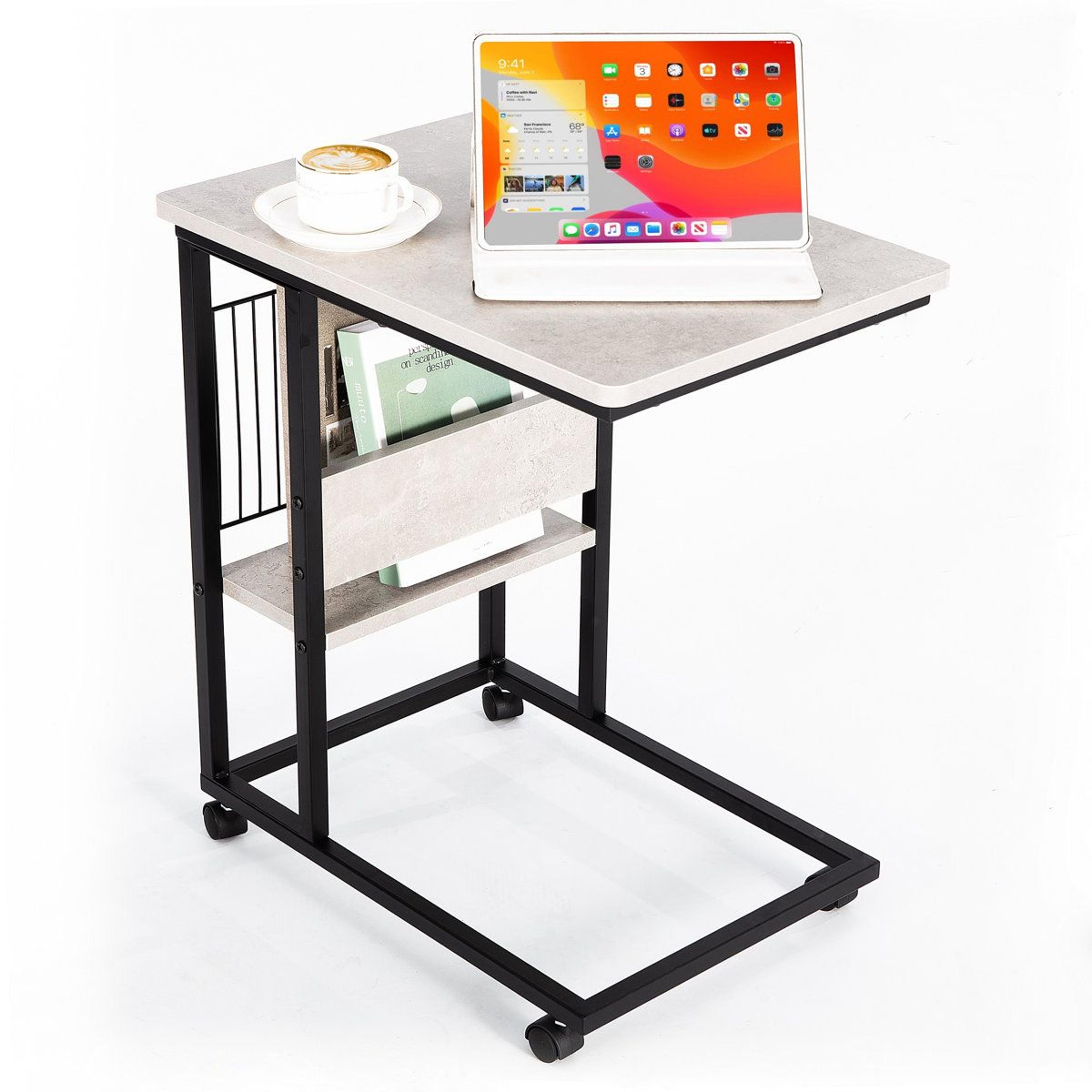 rolling c shape end table with drawer, storage shelf and casters