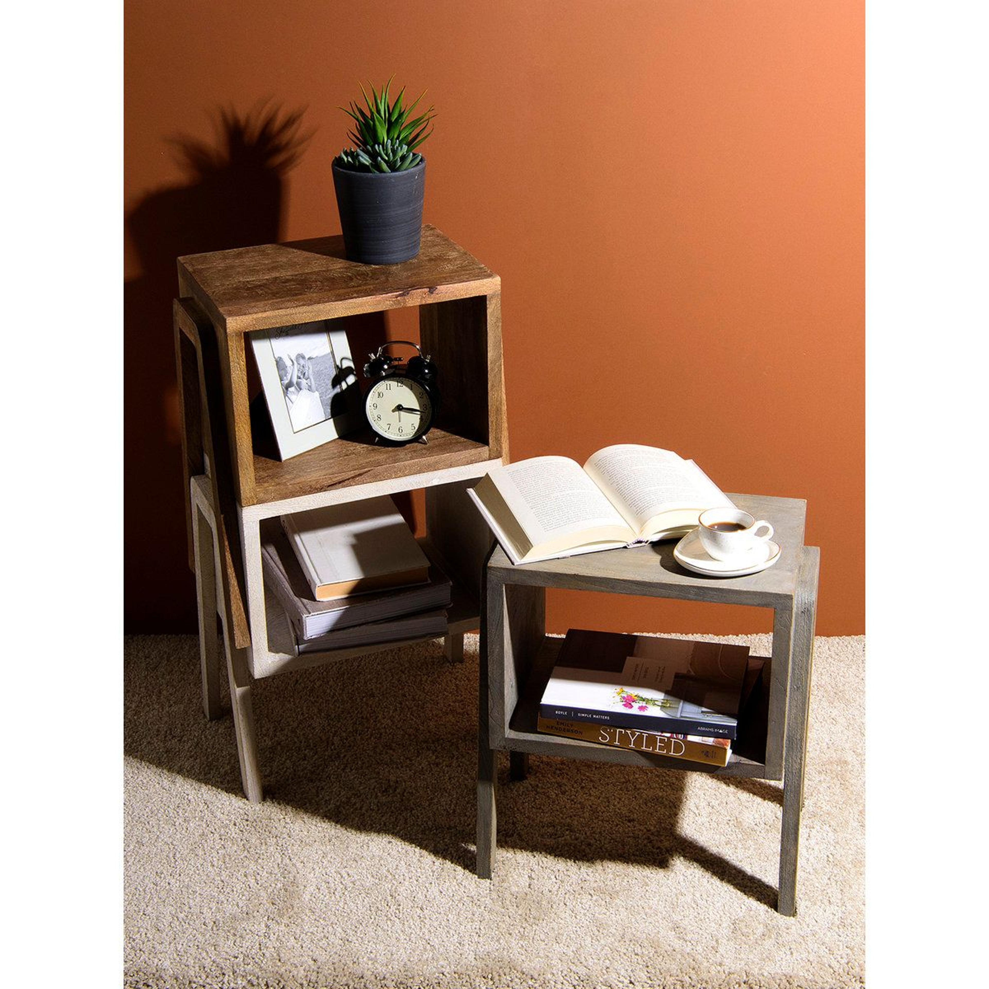mango wood end table with storage and stackable design