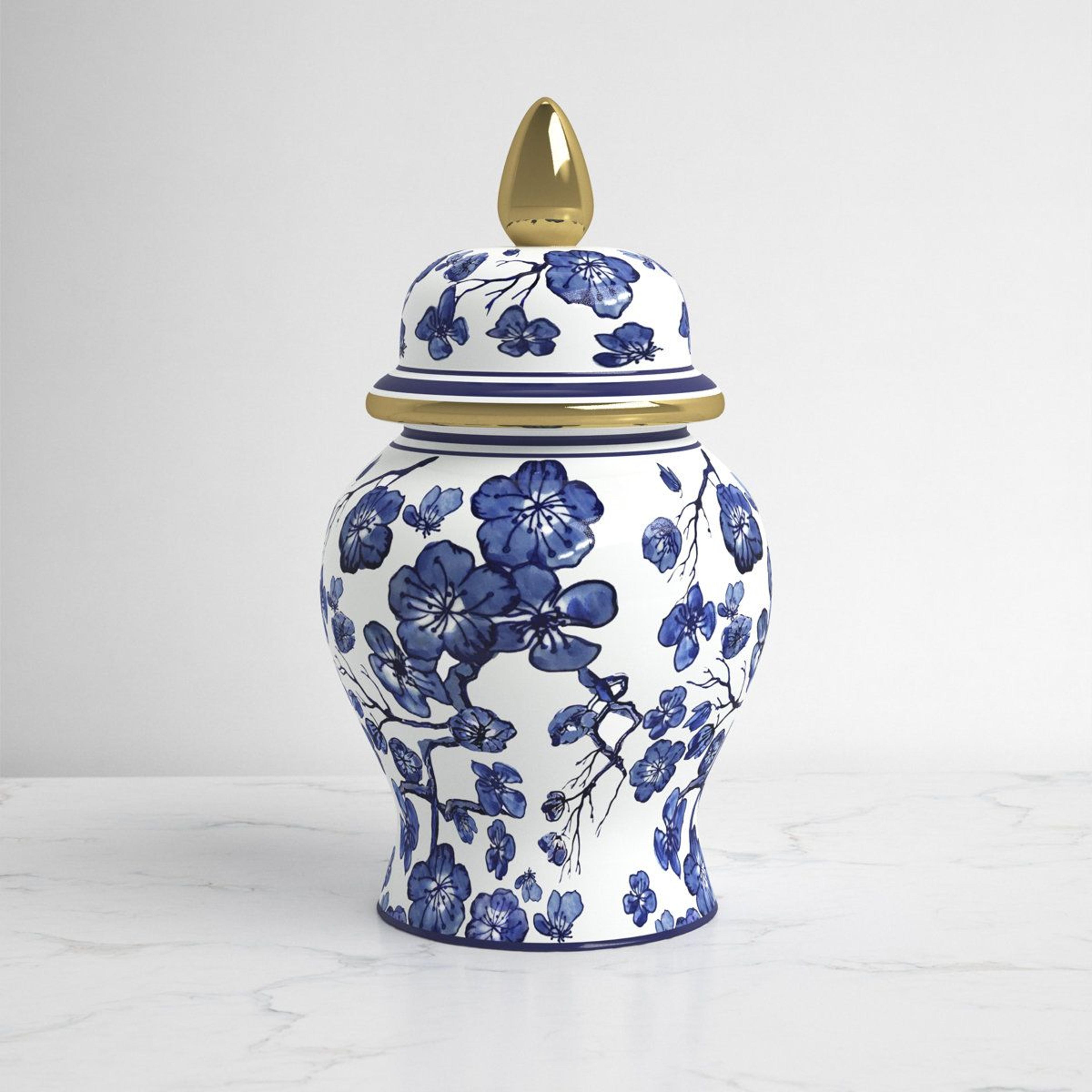 manado 14 inch blue and white ginger jar with lid chinoiserie ceramic temple jar