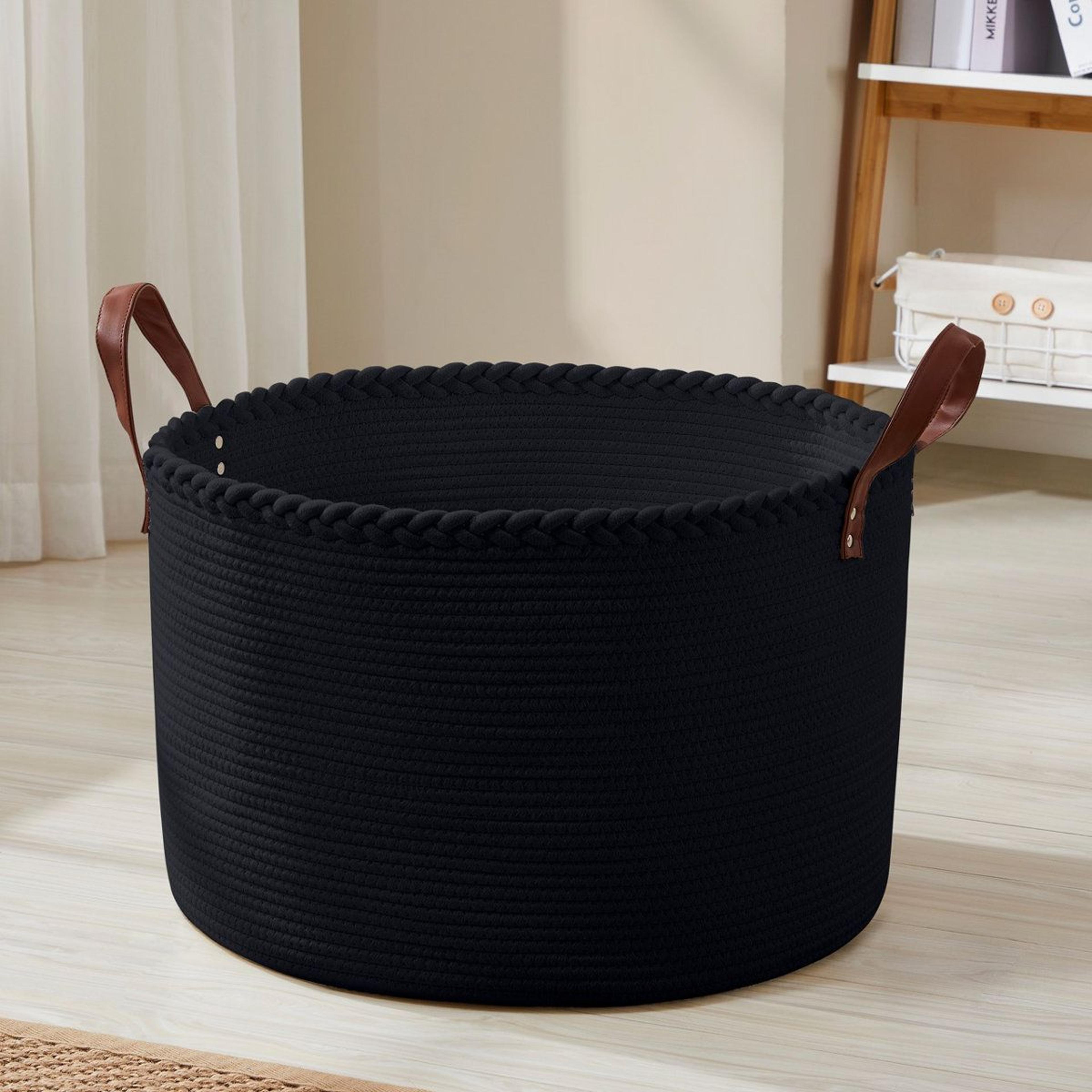 extra large cotton rope storage basket with leather handles
