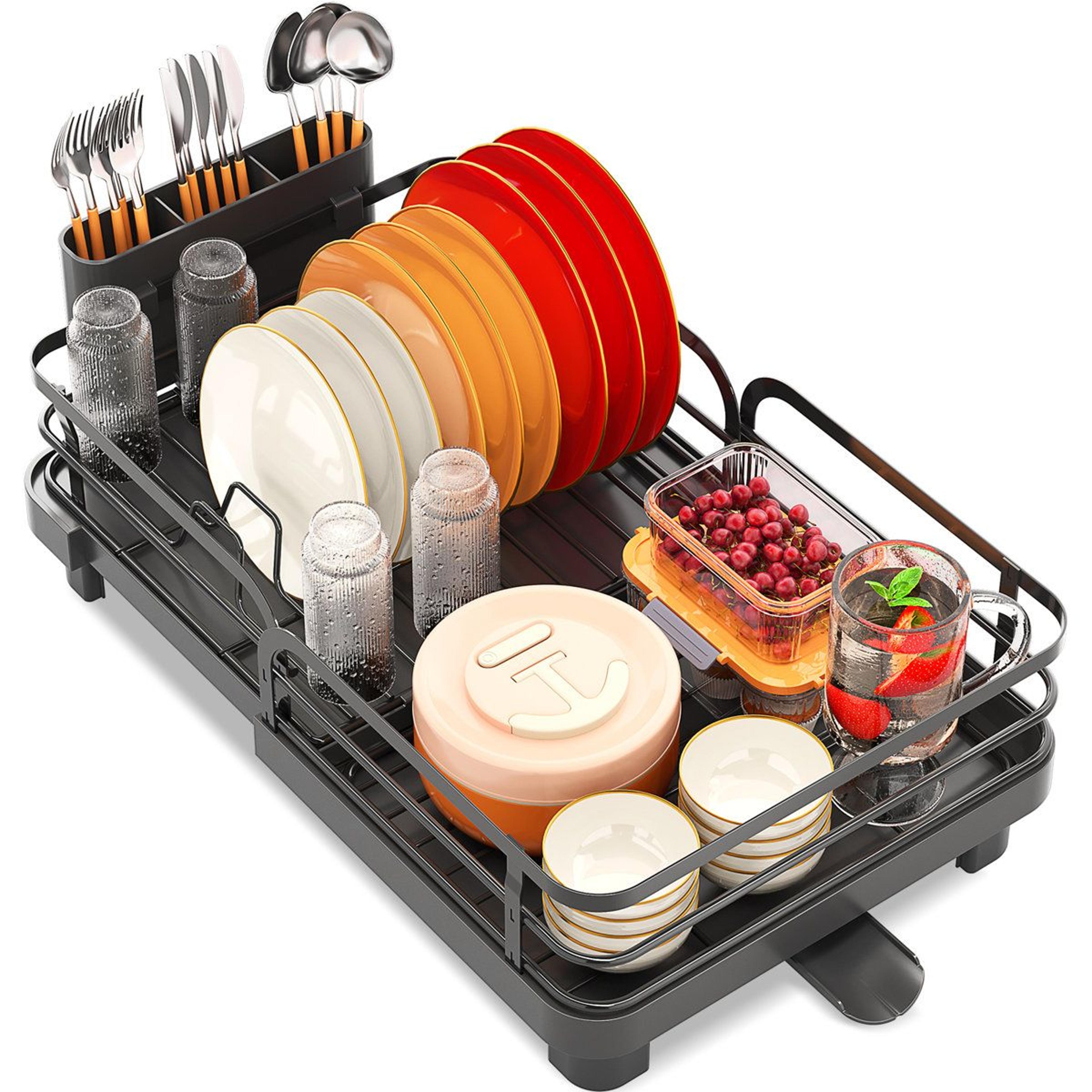 expandable dish drying rack - large capacity stainless steel kitchen drainer for countertop organization