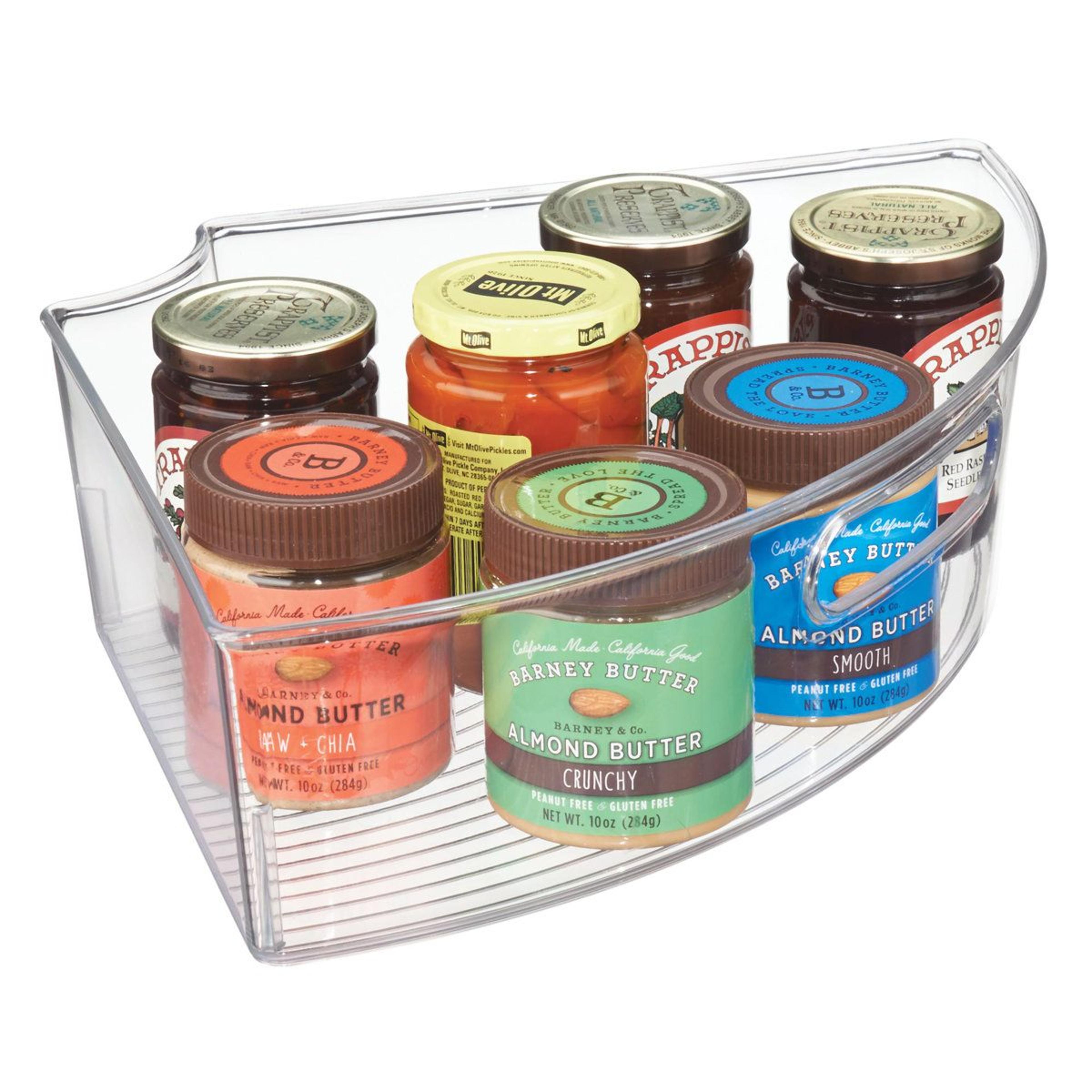 clear plastic lazy susan organizer 1/4 wedge bin with handle for corner cabinet and pantry storage