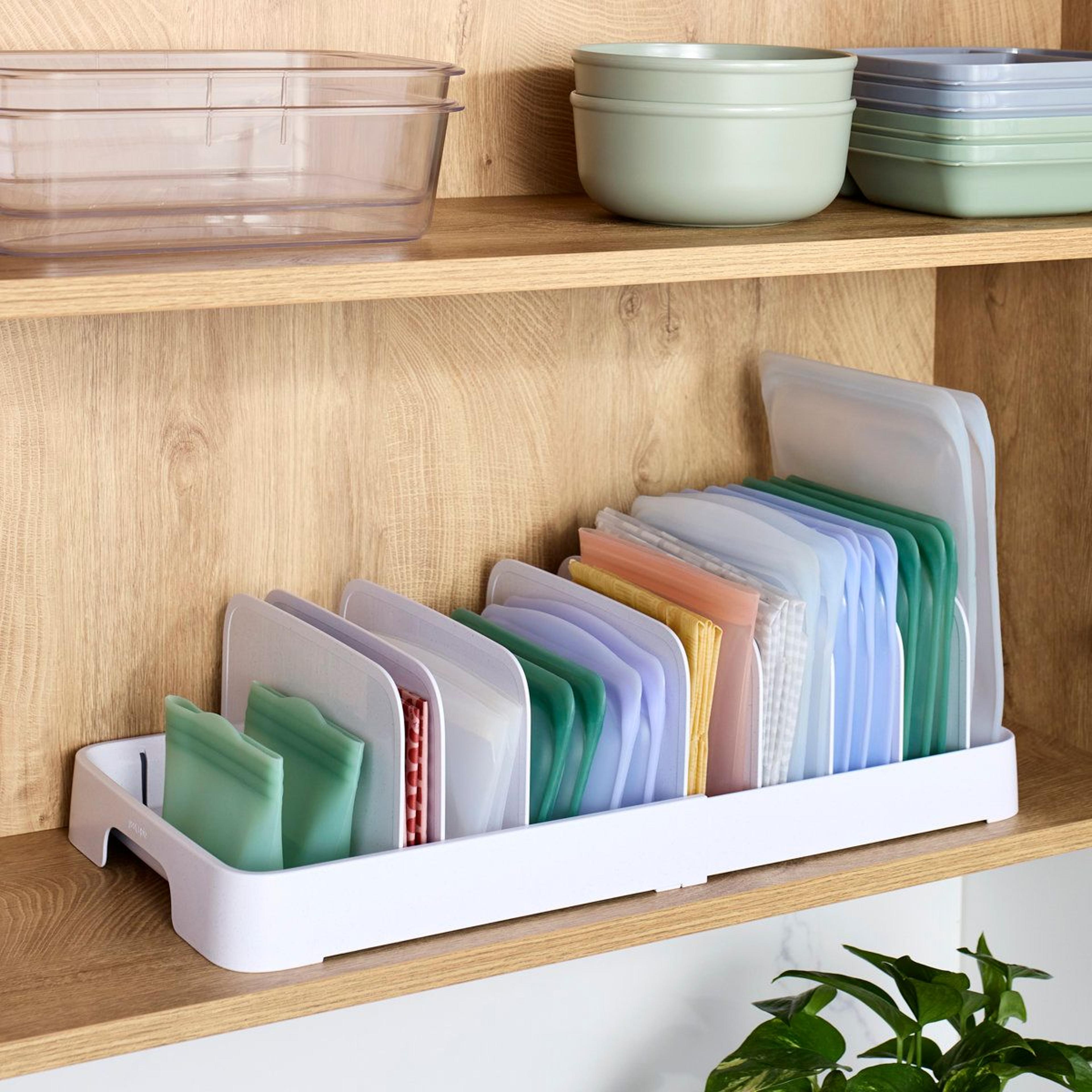 expandable container lid organizer for kitchen cabinet storage and drawer organization