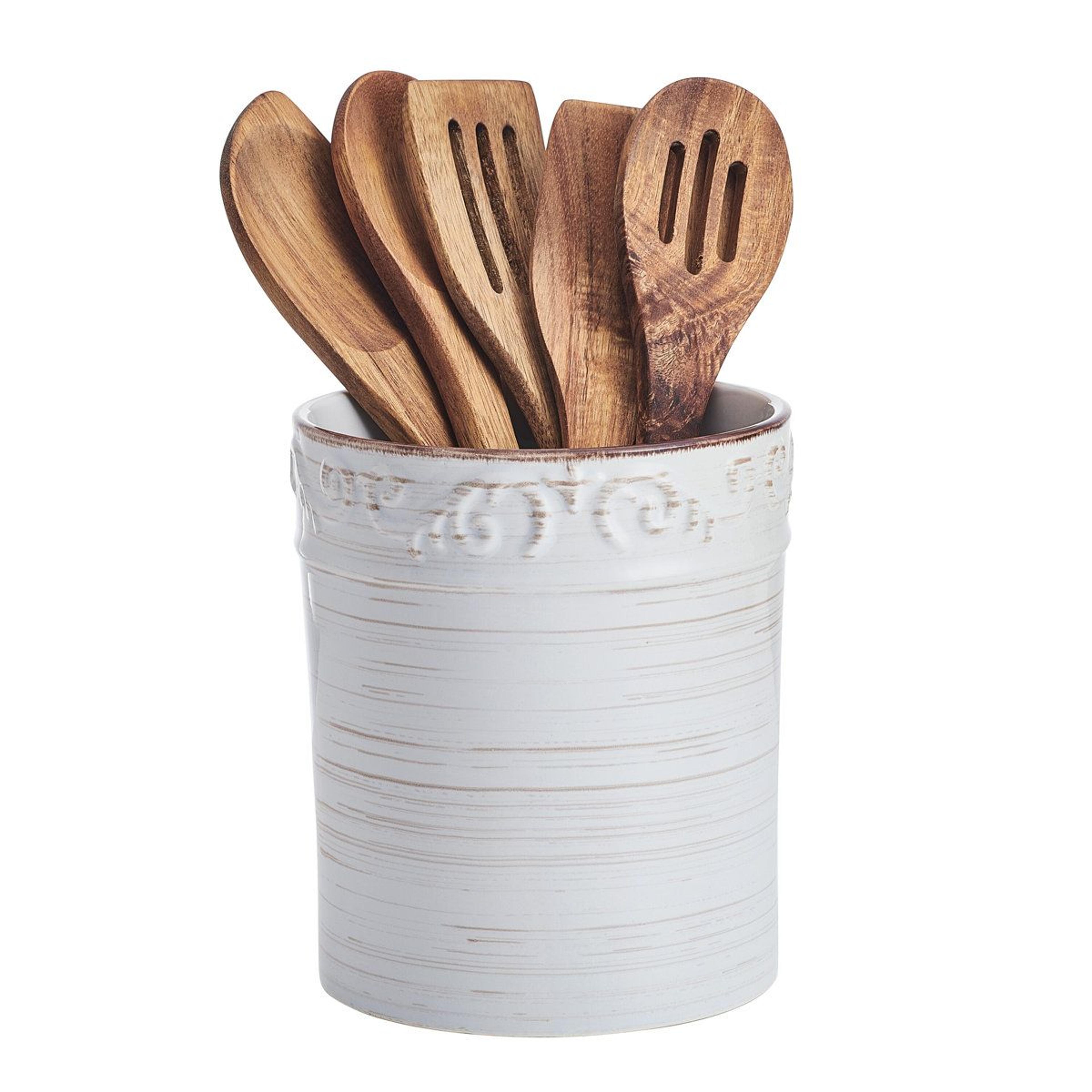 stoneware utensil crock with acacia wood utensils