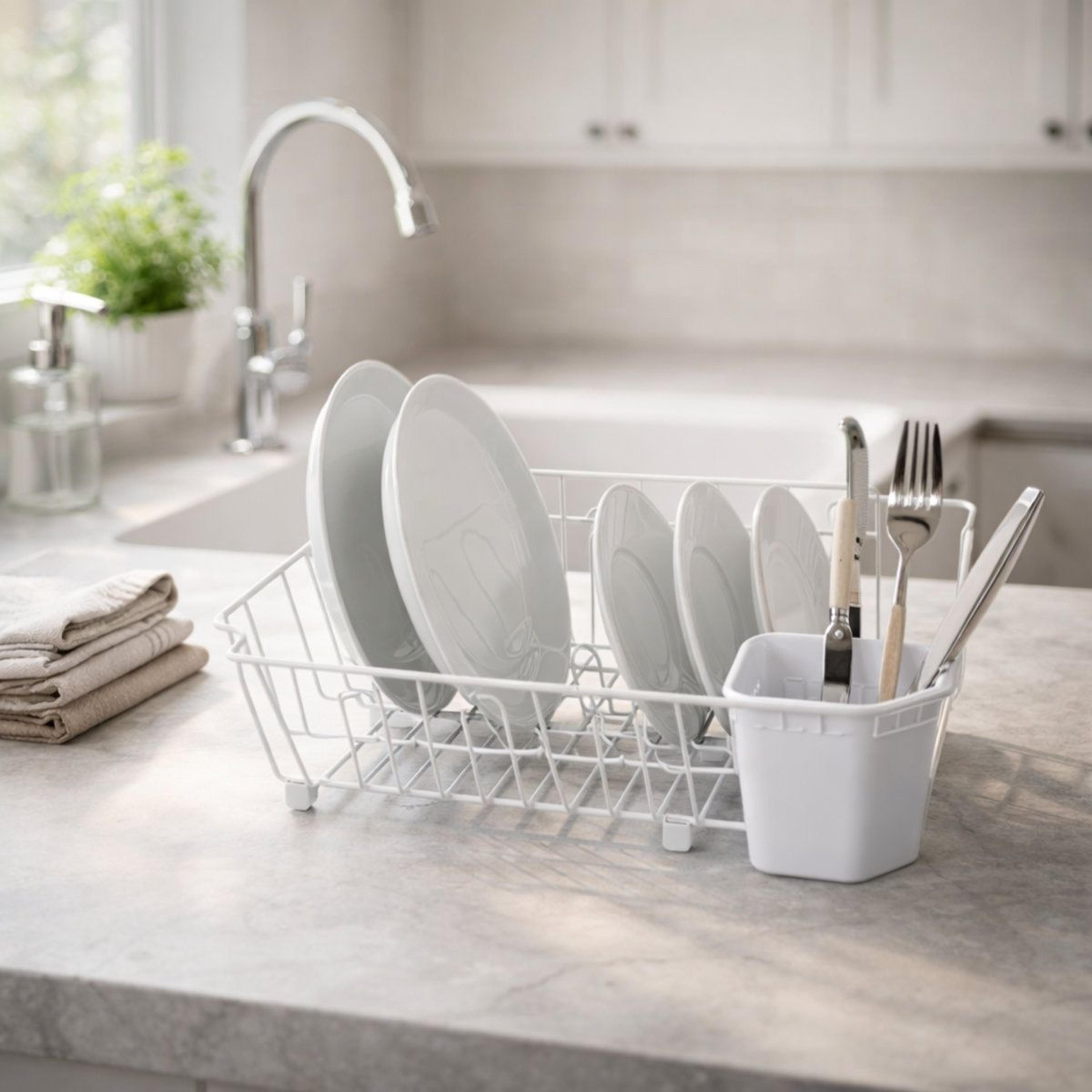 compact white metal dish drying rack with utensil caddy space-saving kitchen countertop dish drainer